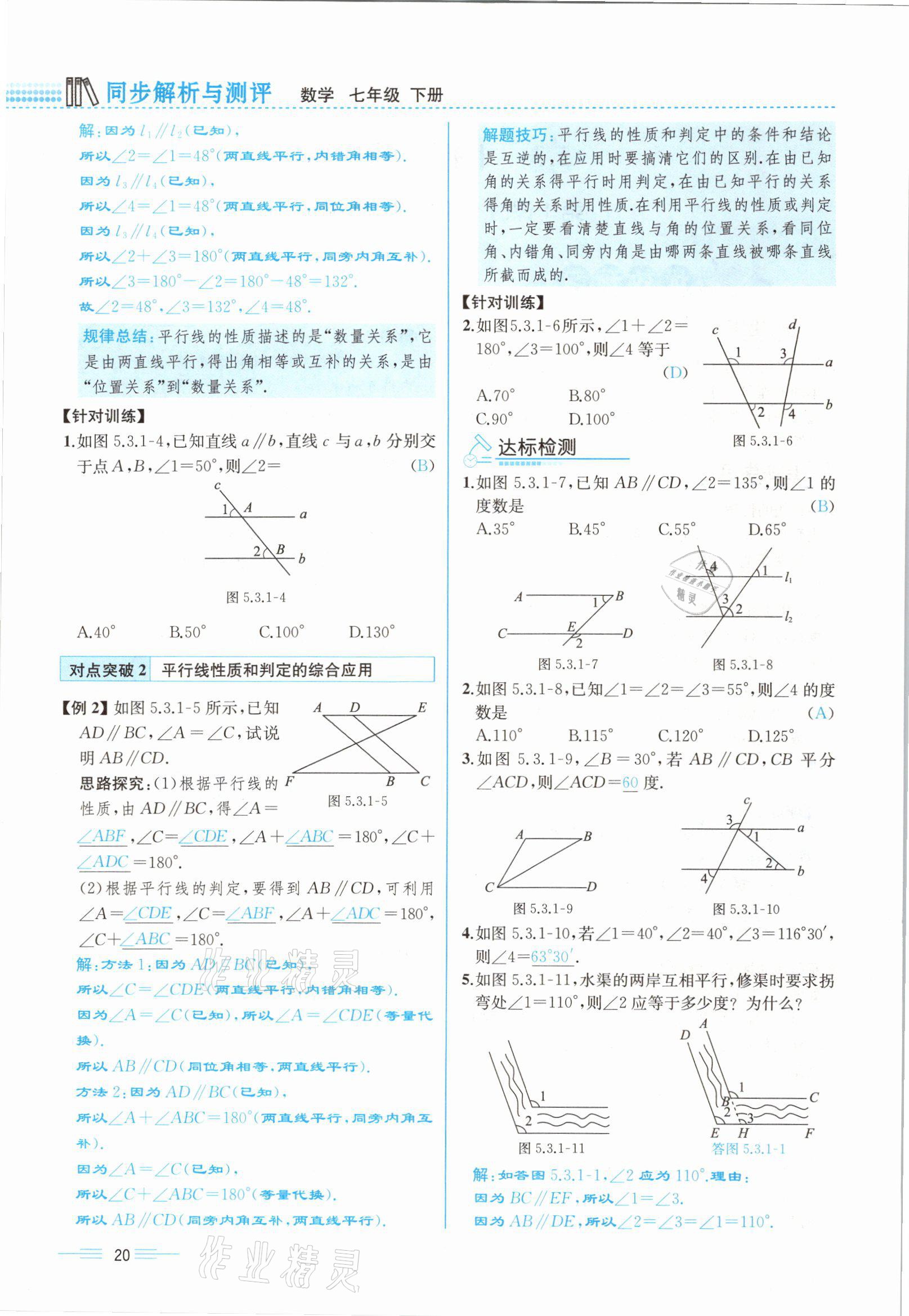 2021年人教金学典同步解析与测评七年级数学下册人教版云南专版 参考答案第20页