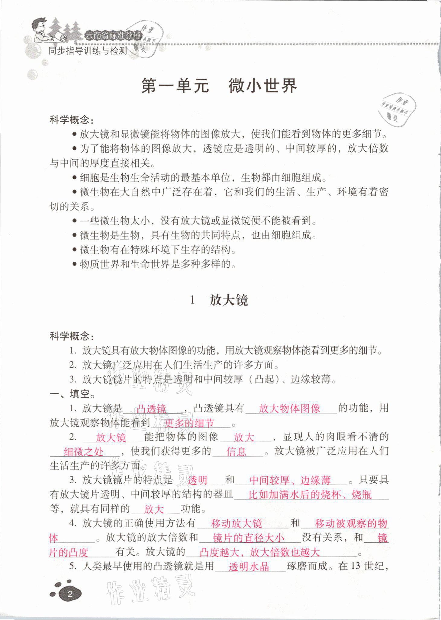 2021年云南省标准教辅同步指导训练与检测六年级科学下册教科版 参考答案第1页