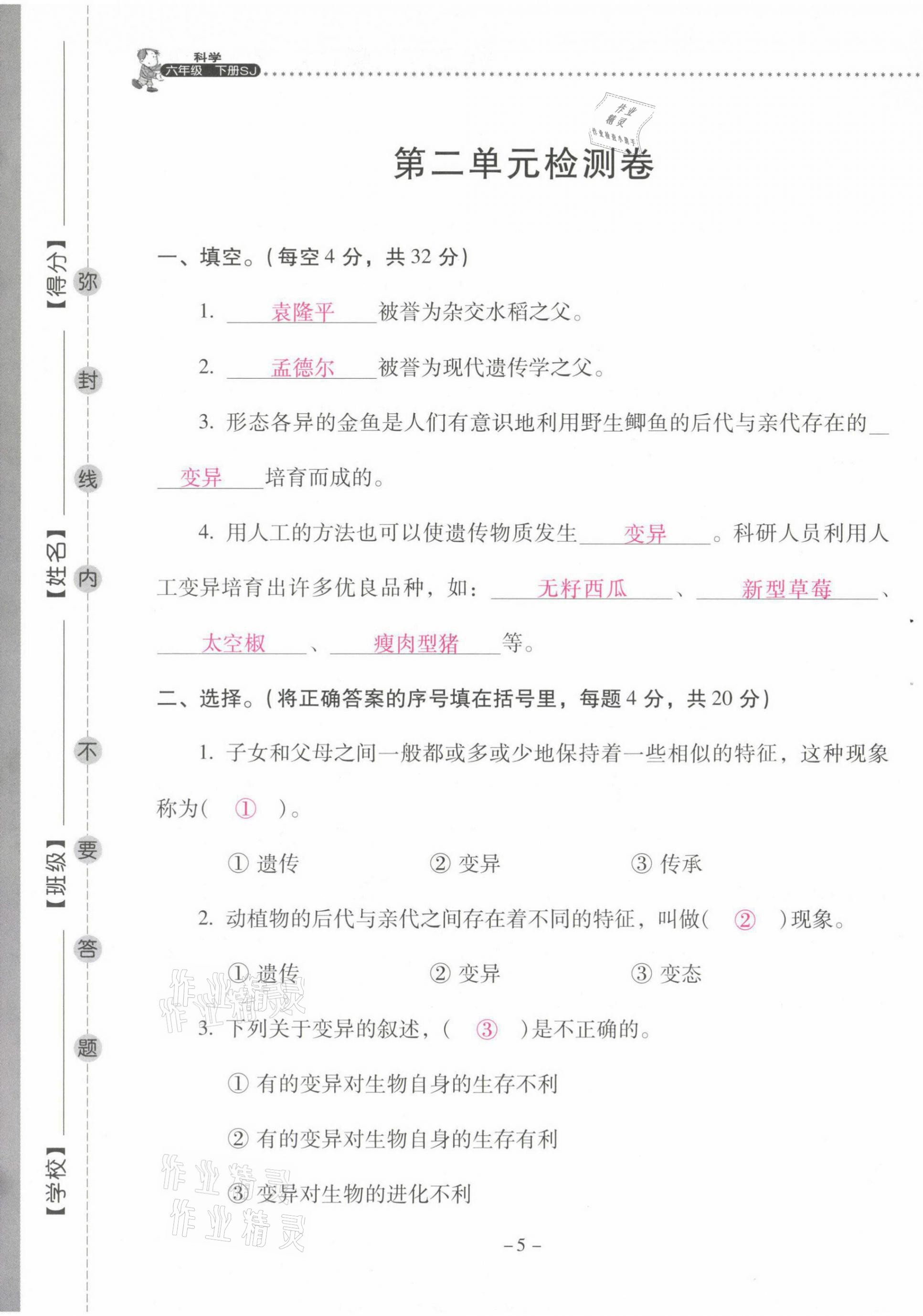 2021年云南省标准教辅同步指导训练与检测六年级科学下册苏教版 第5页