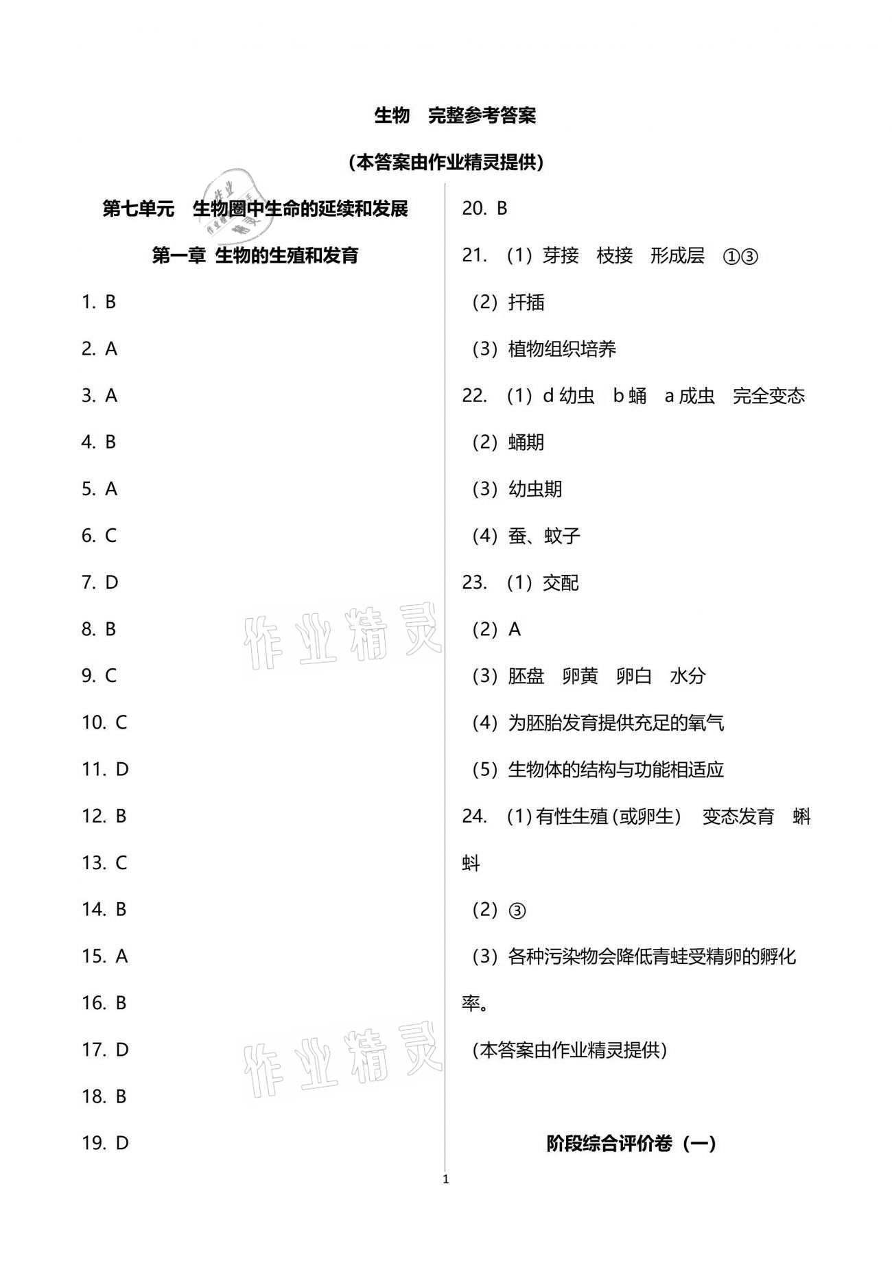 2021年新课标节节高单元评价与阶段月考试卷八年级生物学下册人教版 参考答案第1页