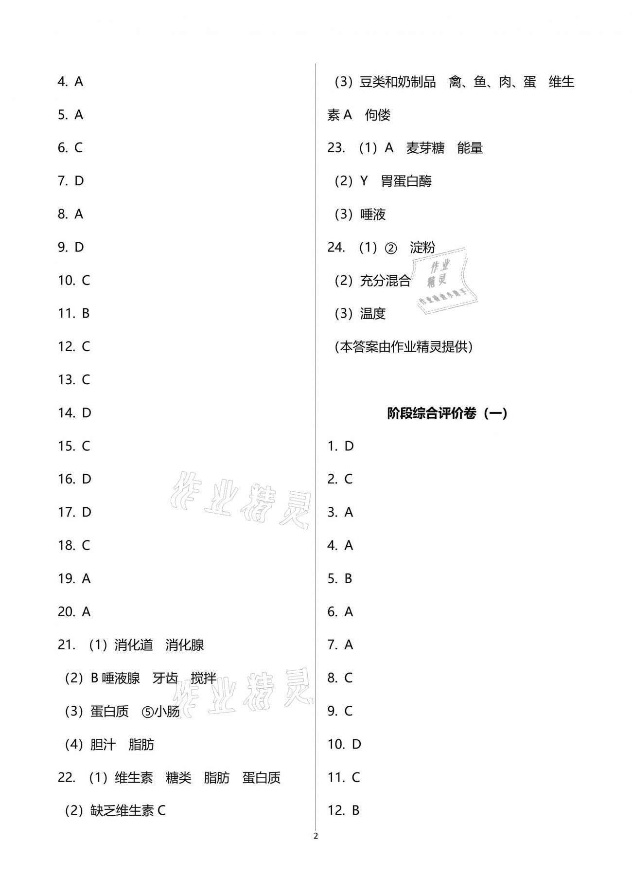 2021年節(jié)節(jié)高大象出版社七年級(jí)生物學(xué)下冊(cè)人教版 參考答案第2頁