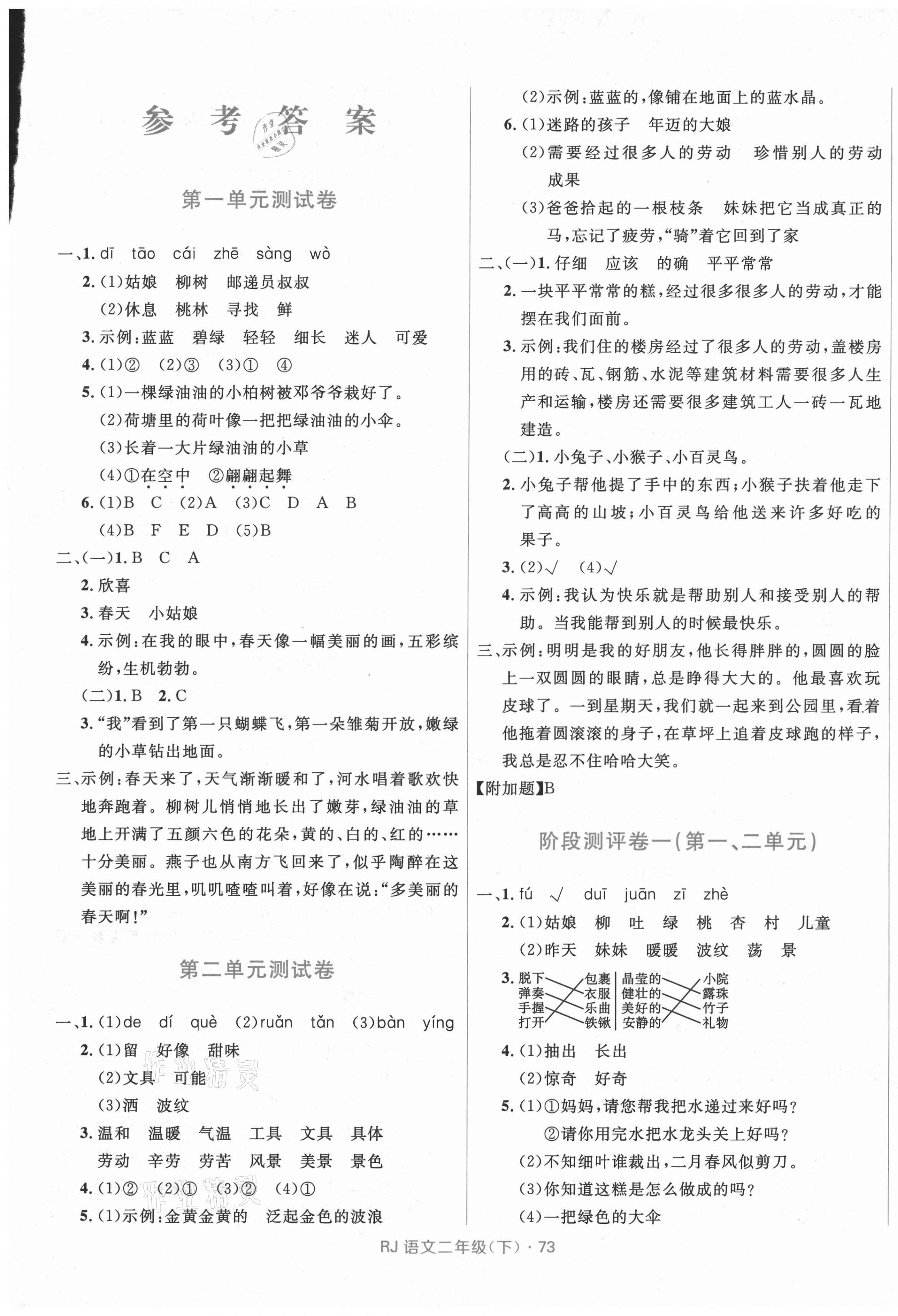 2021年赢在起跑线天天100分小学优化测试卷二年级语文下册人教版 参考答案第1页