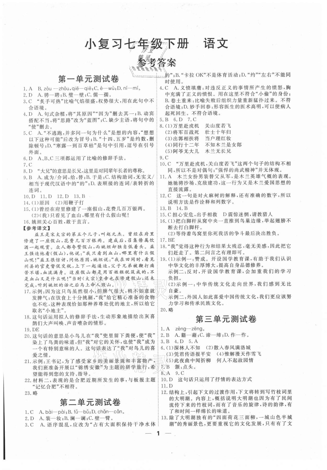 2021年一飛沖天小復(fù)習(xí)七年級(jí)語(yǔ)文下冊(cè)人教版 第1頁(yè)