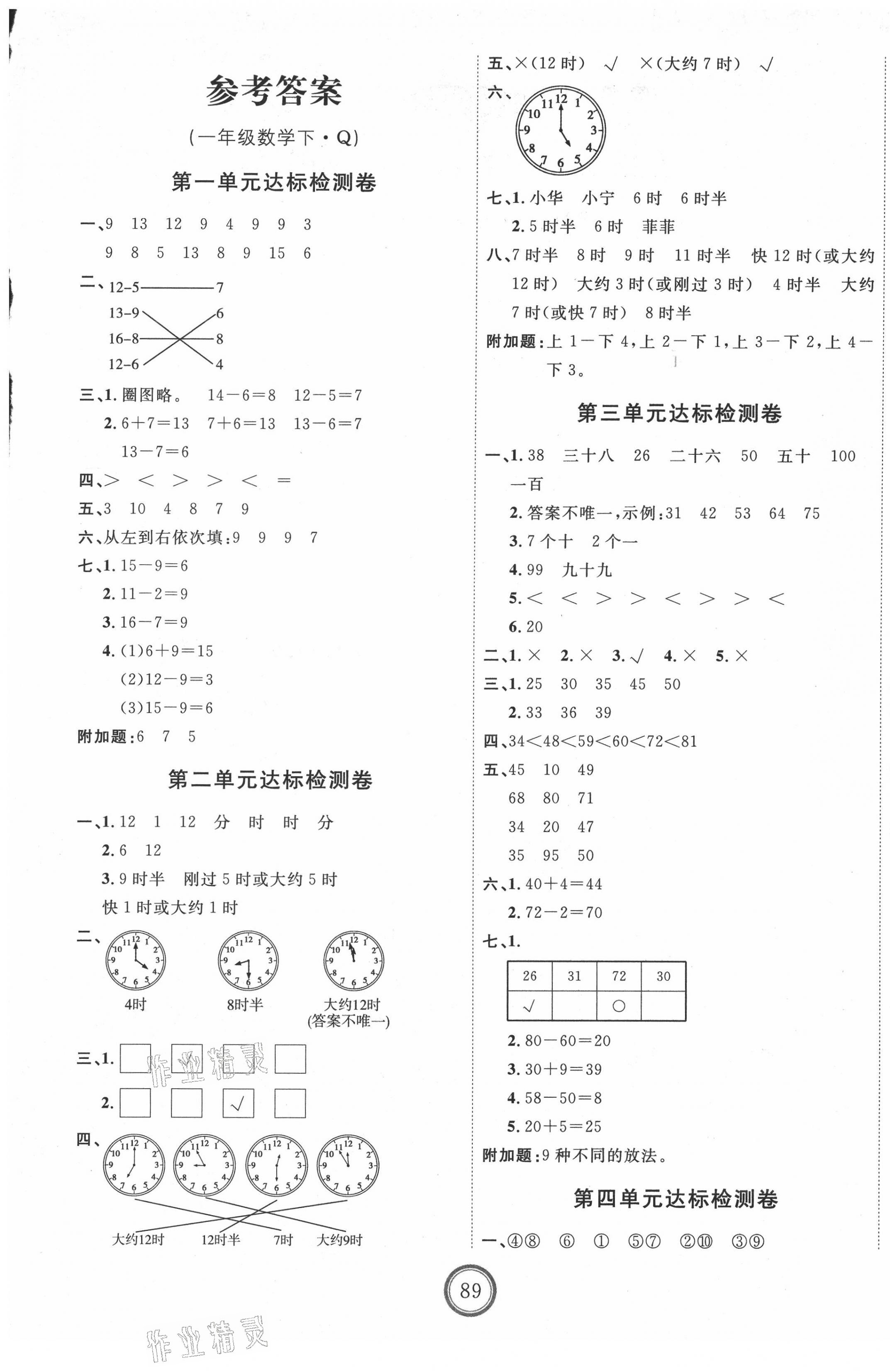 2021年优加密卷一年级数学下册青岛版