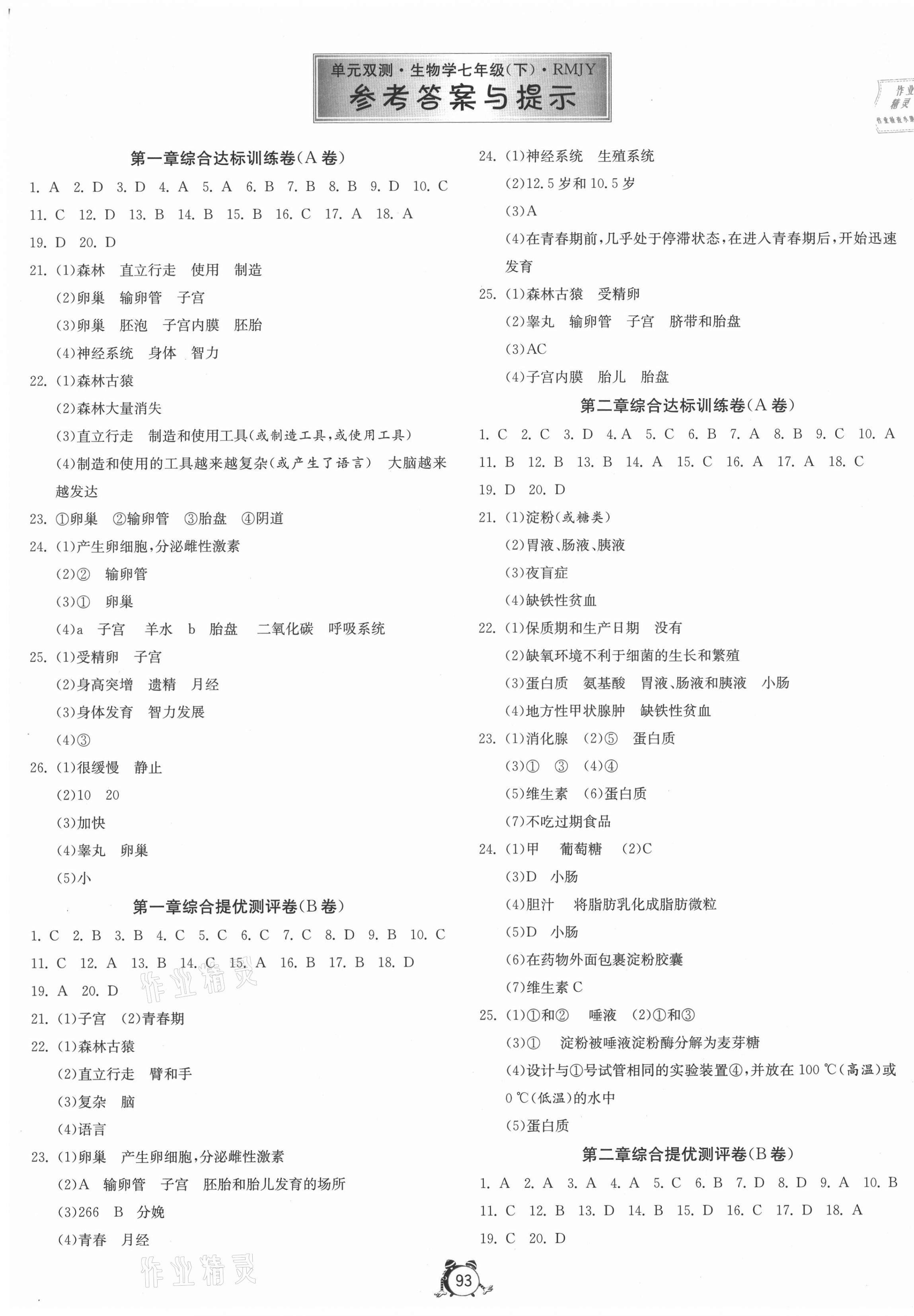 2021年单元双测全程提优测评卷七年级生物下册人教版 第1页