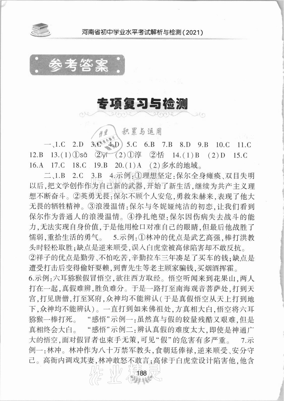 2021年河南省初中学业水平考试解析与检测语文下册 参考答案第1页