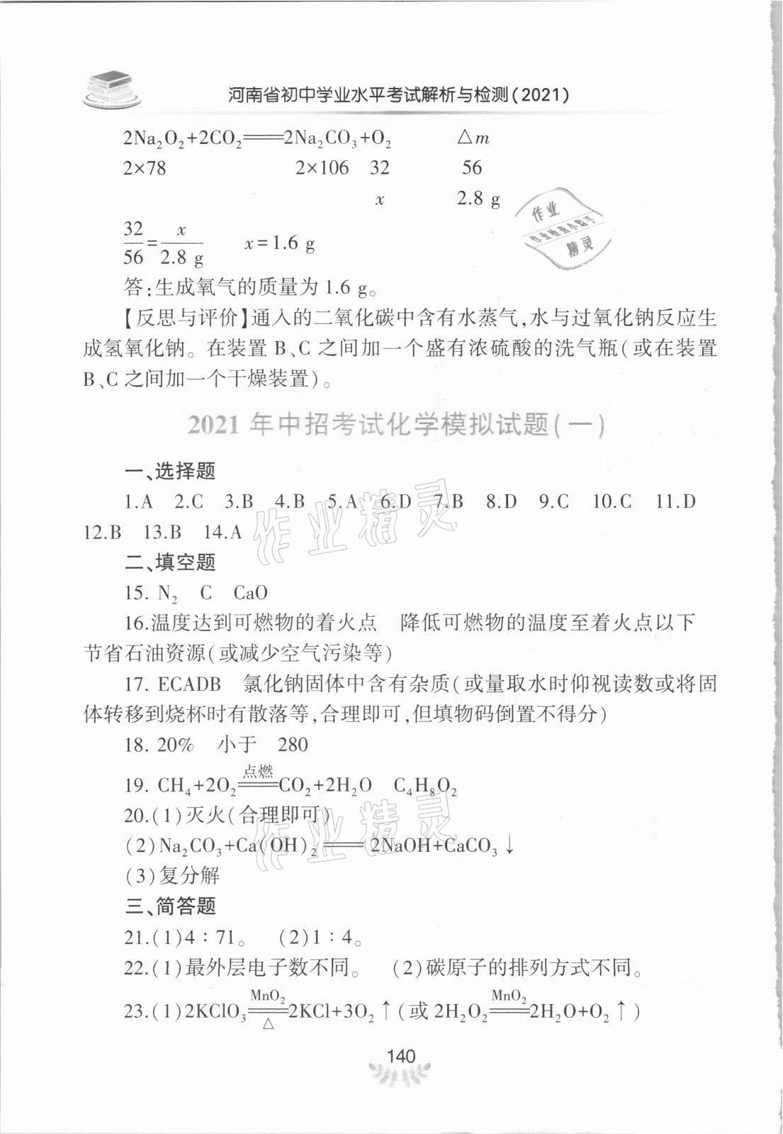 2021年河南省初中学业水平考试解析与检测化学下册 参考答案第5页
