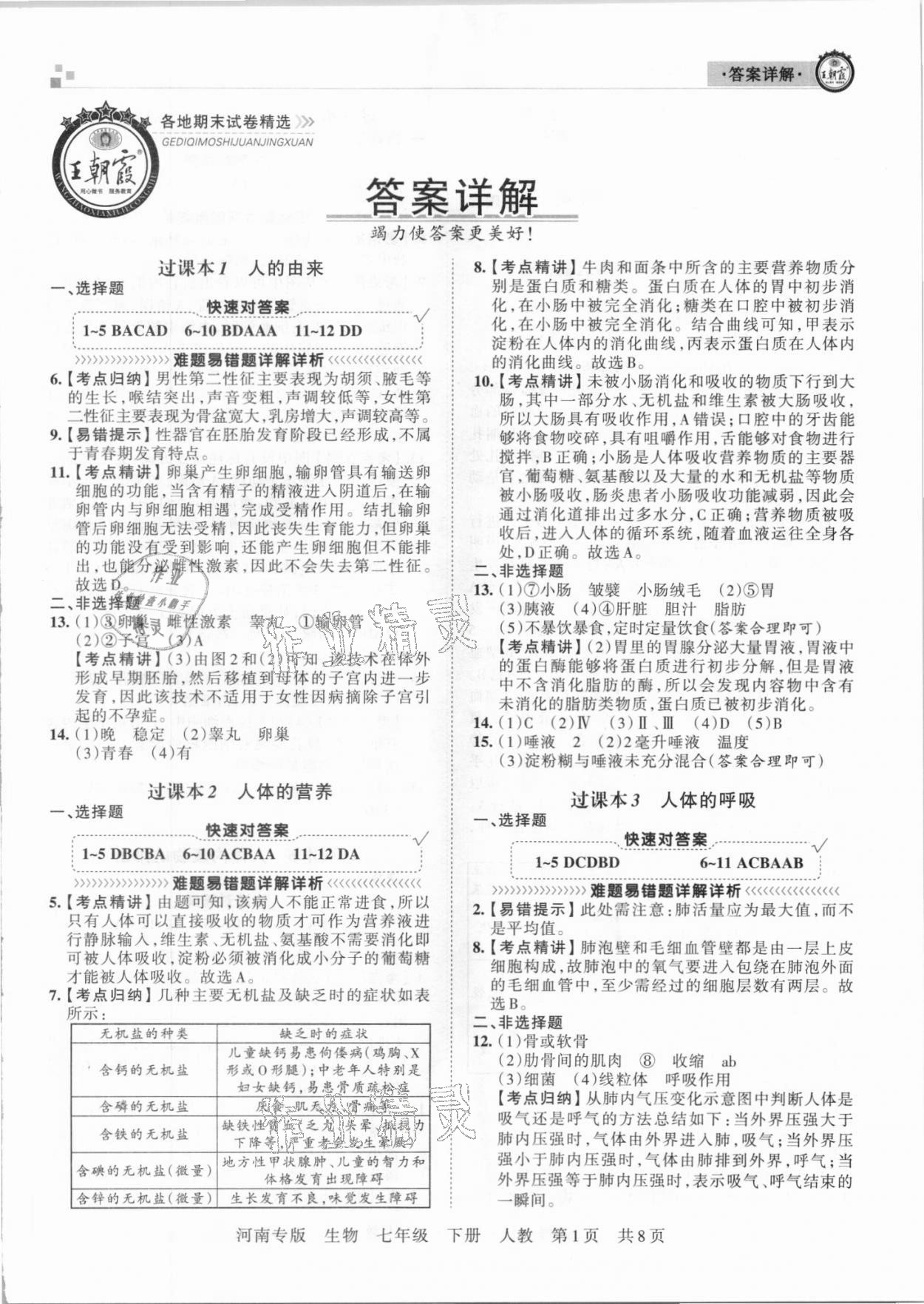 2021年王朝霞各地期末試卷精選七年級生物下冊人教版河南專版 第1頁