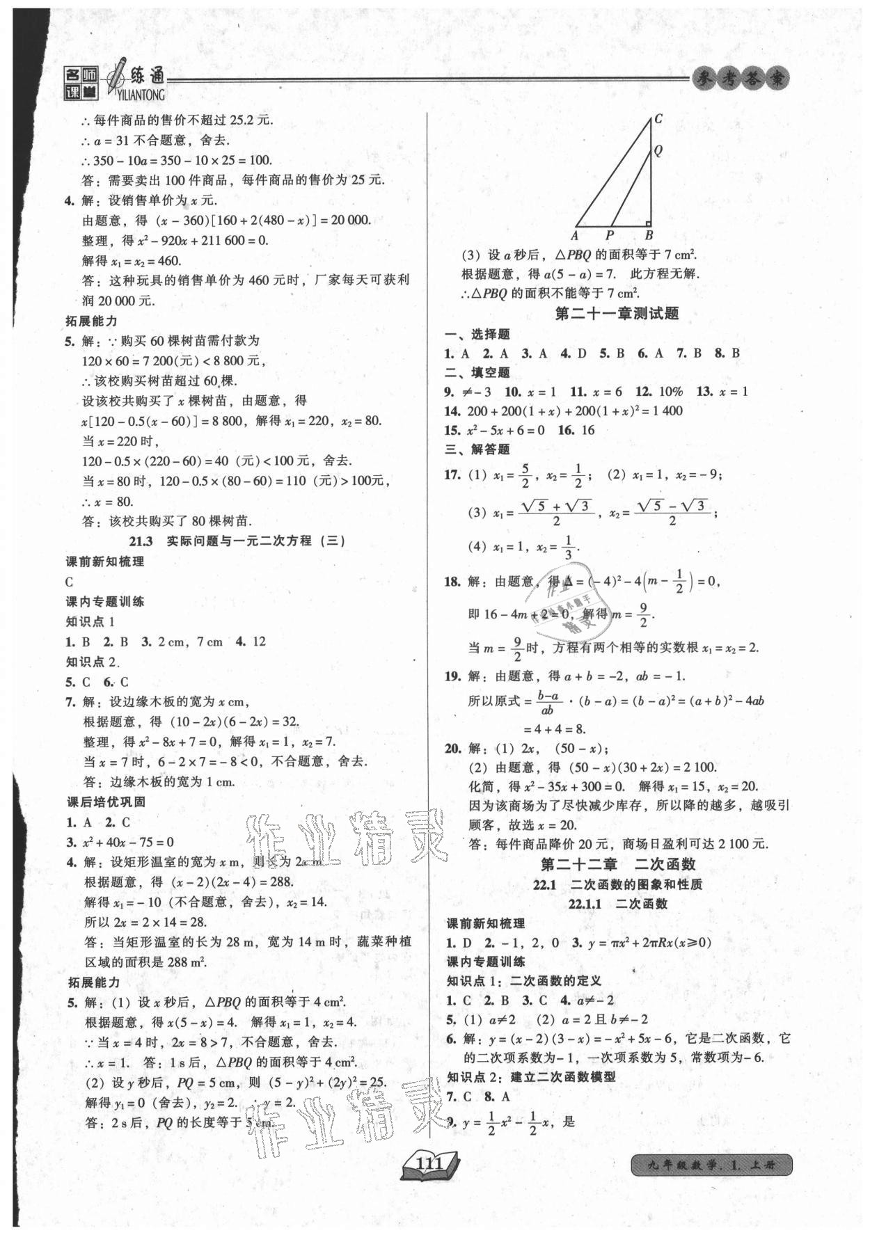 2021年名师课堂一练通九年级数学上册人教版 参考答案第4页