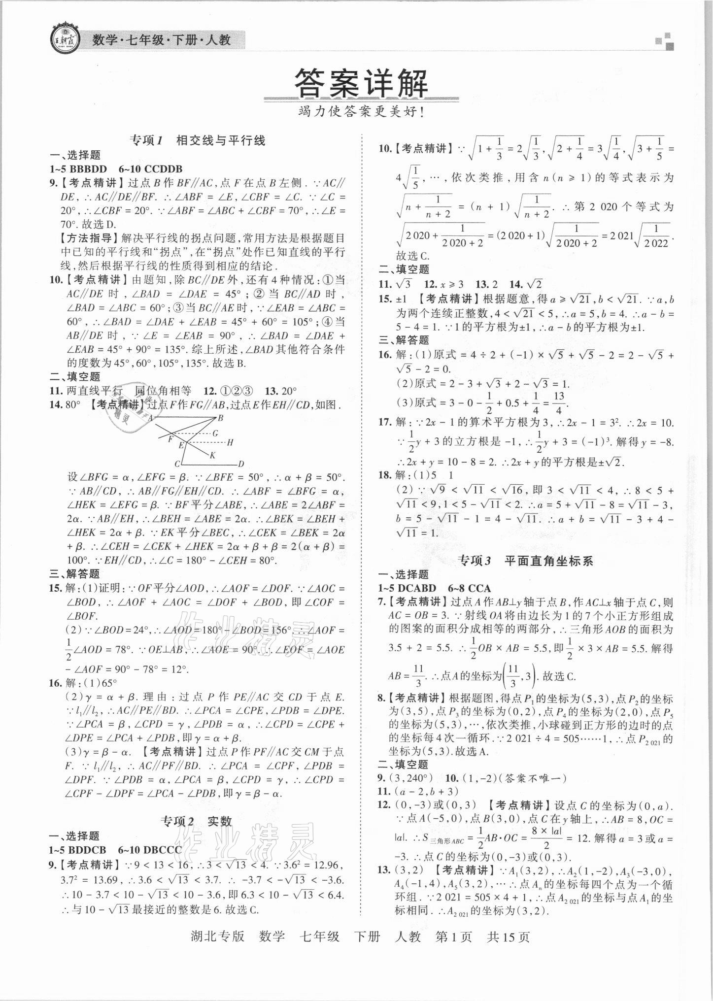 2021年王朝霞各地期末试卷精选七年级数学下册人教版 参考答案第1页