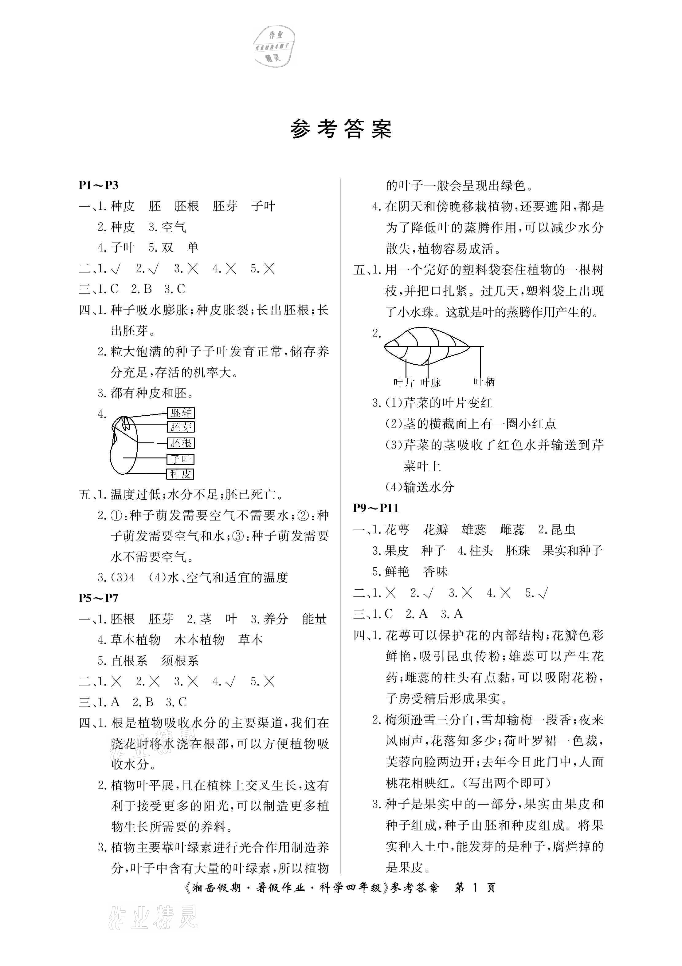 2021年湘岳假期暑假作业四年级科学教科版 参考答案第1页