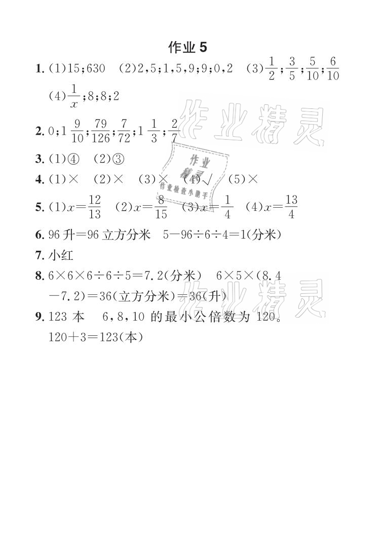 2021年长江暑假作业五年级数学人教版崇文书局 参考答案第6页