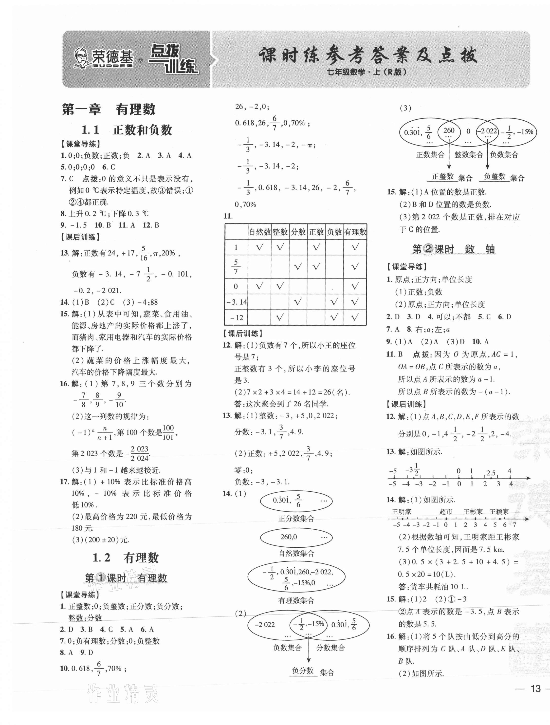 2021年点拨训练七年级数学上册人教版 参考答案第1页