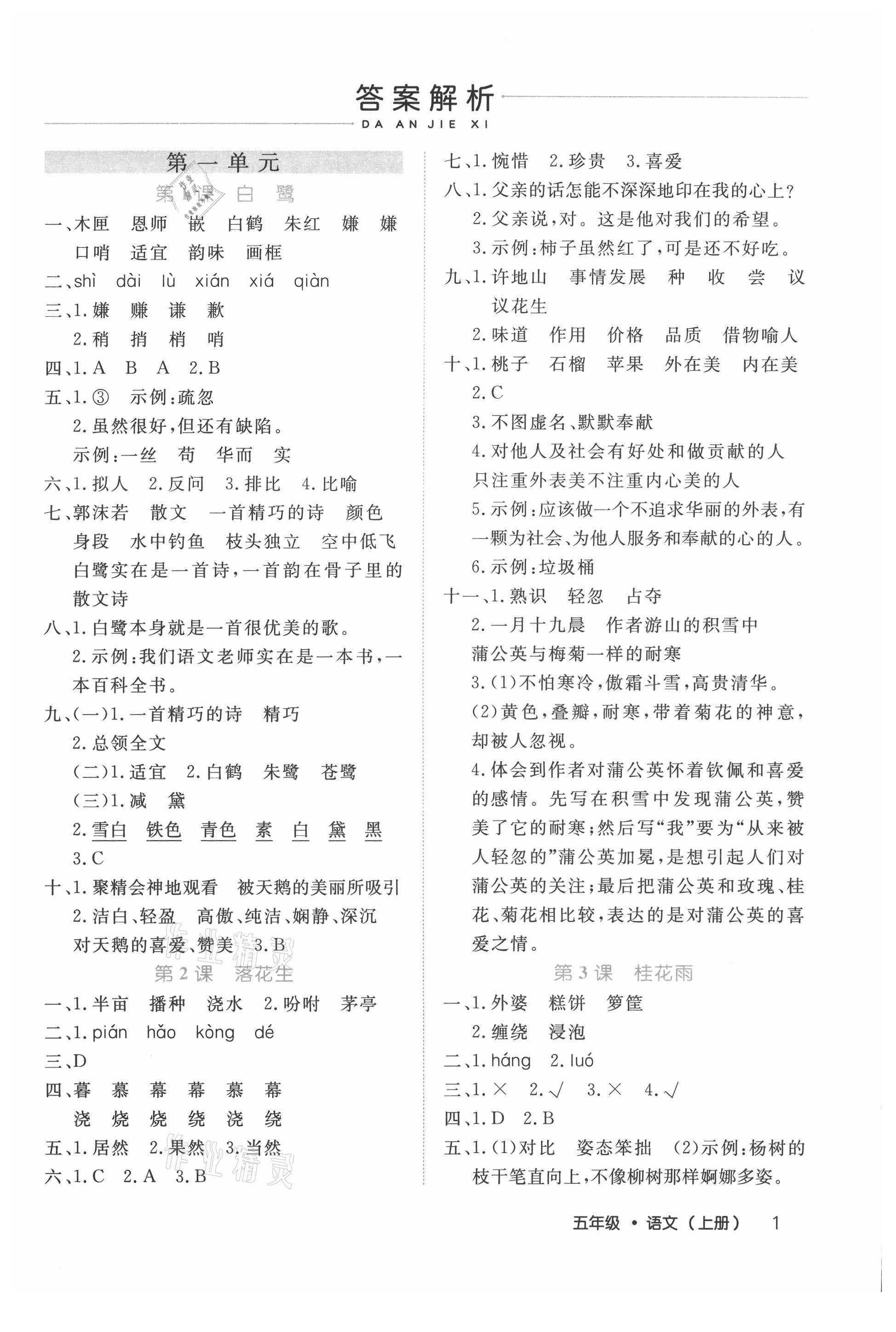 2021年細(xì)解巧練五年級(jí)語(yǔ)文上冊(cè)人教版 參考答案第1頁(yè)