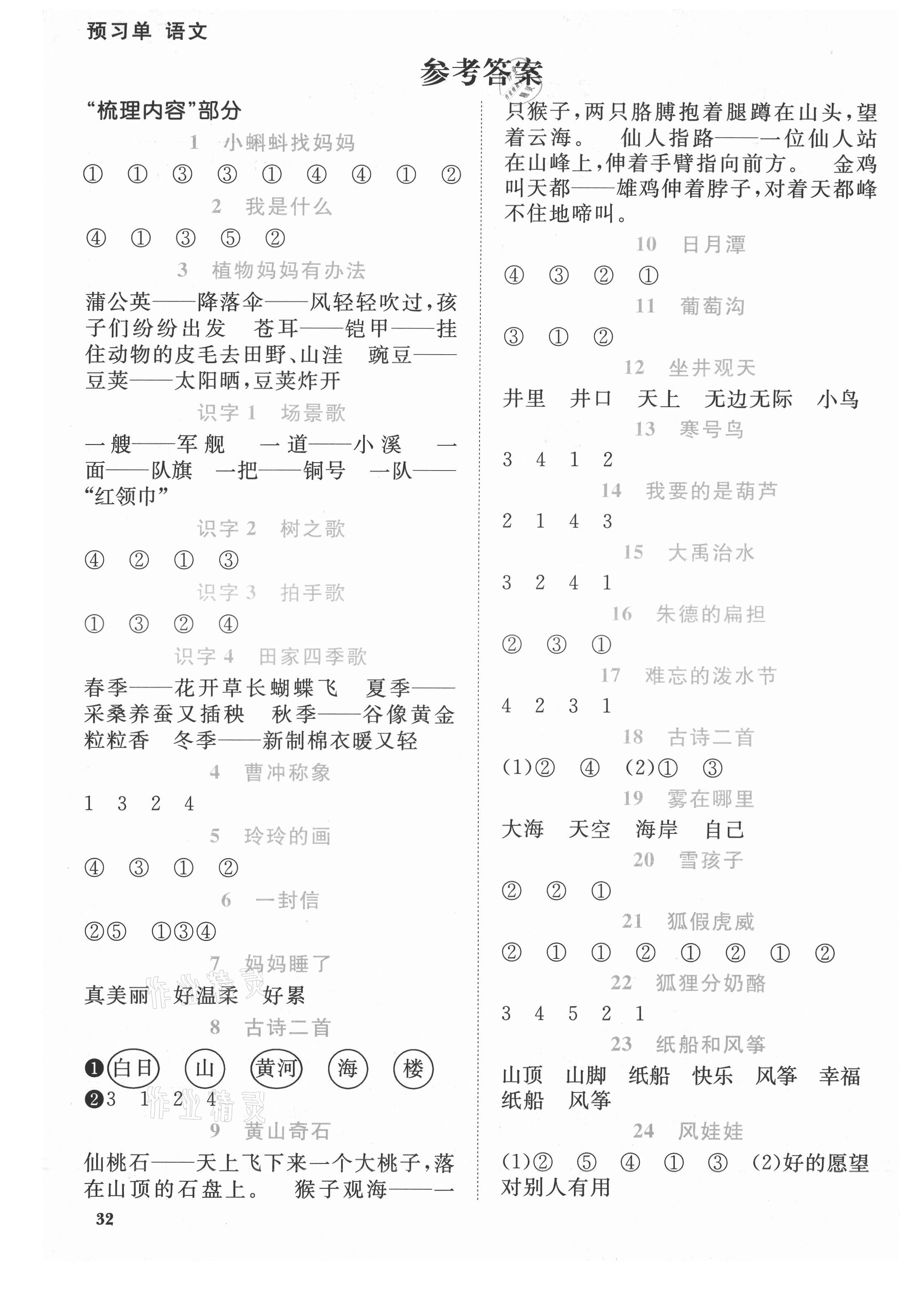 2021年阳光同学课时优化作业二年级语文上册人教版福建专版 参考答案第1页