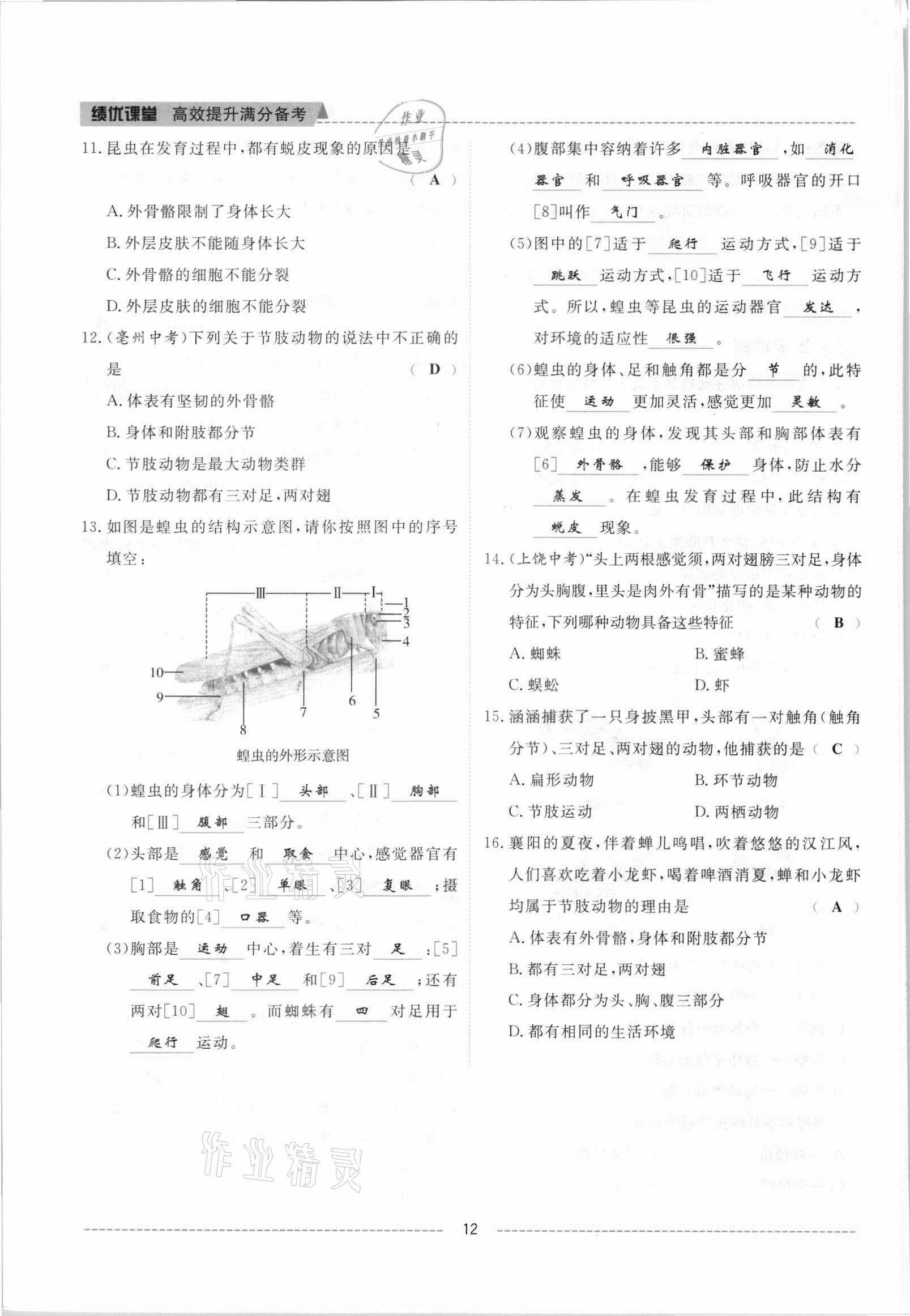 2021年绩优课堂高效提升满分备考八年级生物上册人教版 参考答案第12页