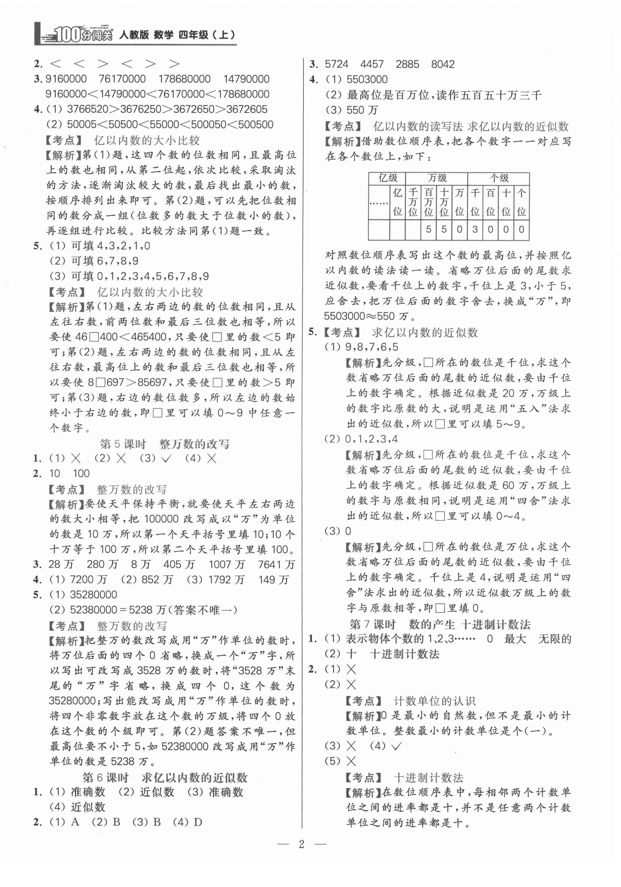 2021年100分闯关同步练习册四年级数学上册人教版 参考答案第2页