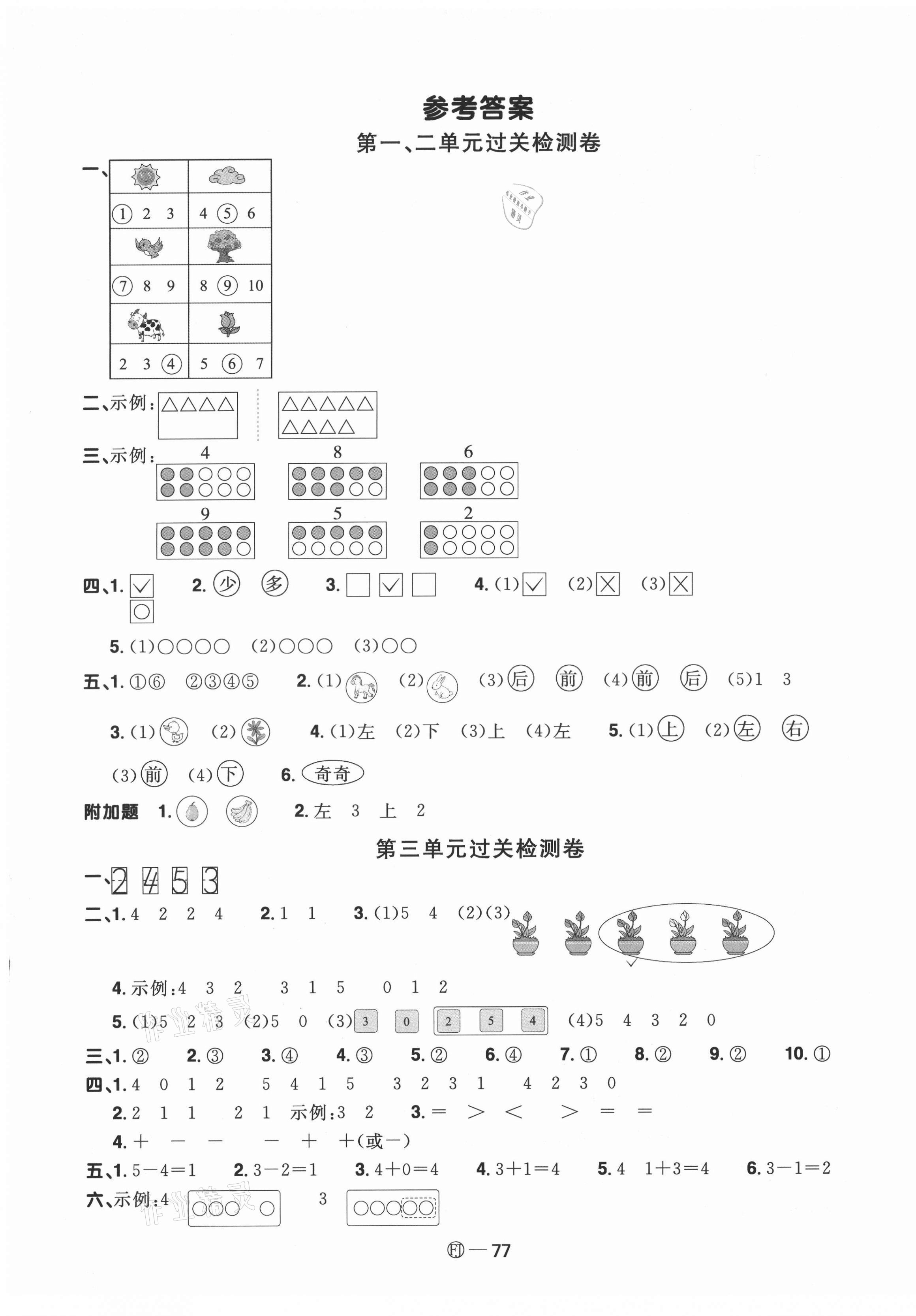 2021年陽光同學一線名師全優(yōu)好卷一年級數(shù)學上冊人教版福建專版 參考答案第1頁