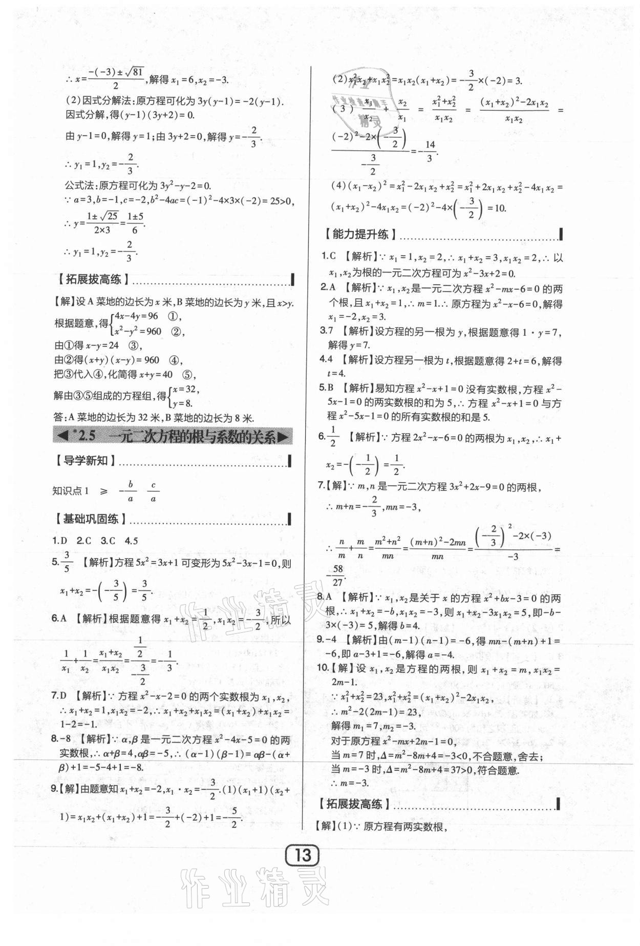 2021年北大绿卡九年级数学上册北师大版 参考答案第13页