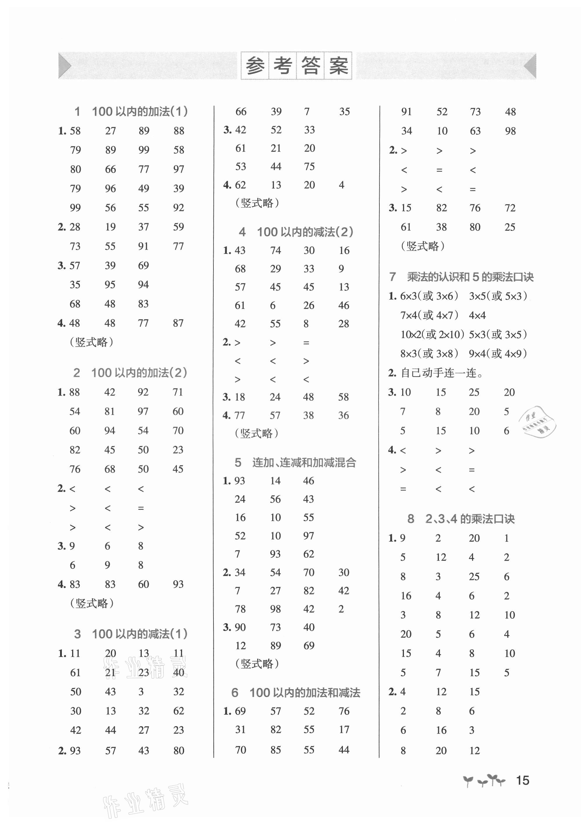 2021年小學(xué)學(xué)霸作業(yè)本二年級數(shù)學(xué)上冊人教版 參考答案第1頁