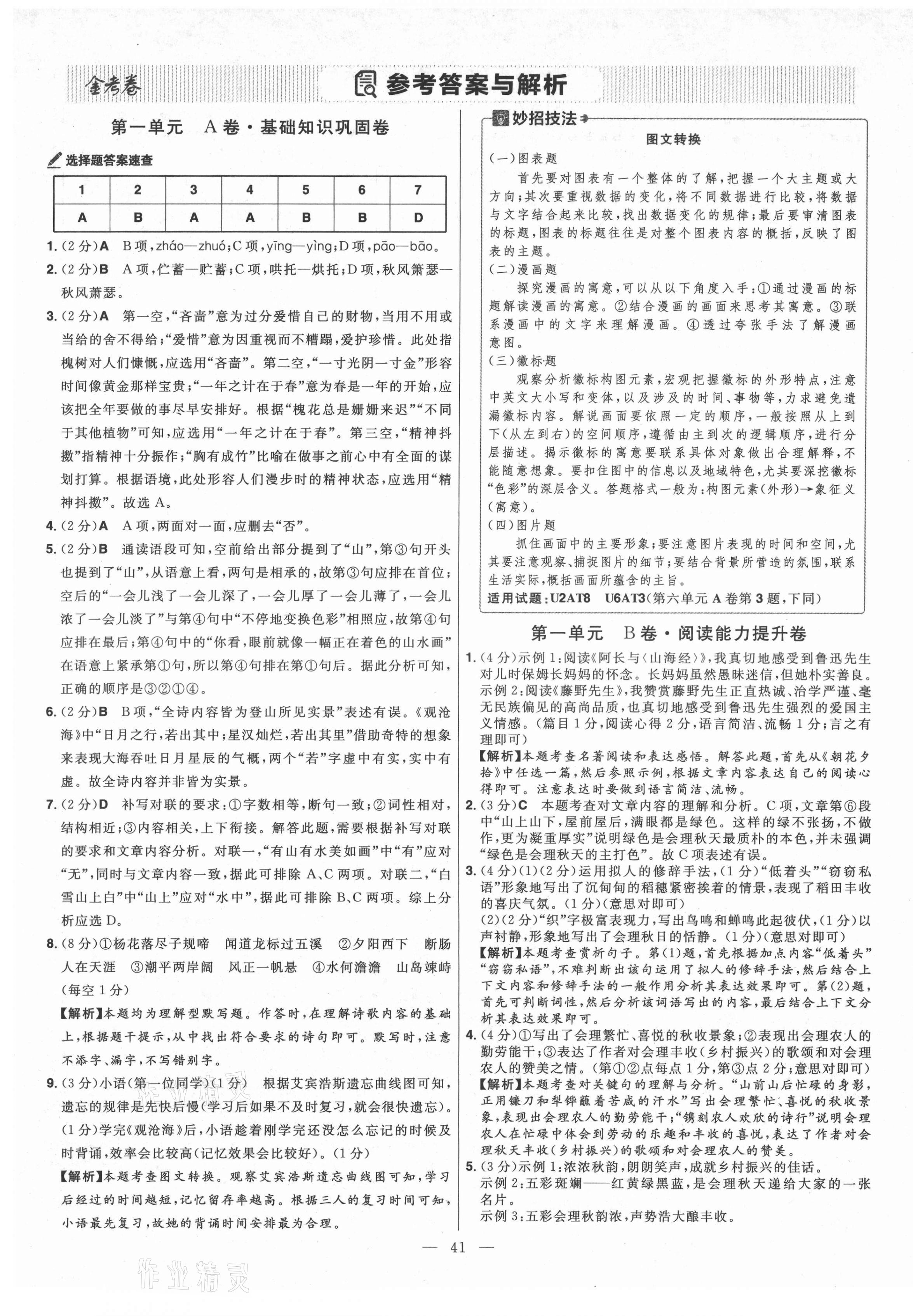 2021年金考卷活頁題選七年級語文上冊人教版 參考答案第1頁