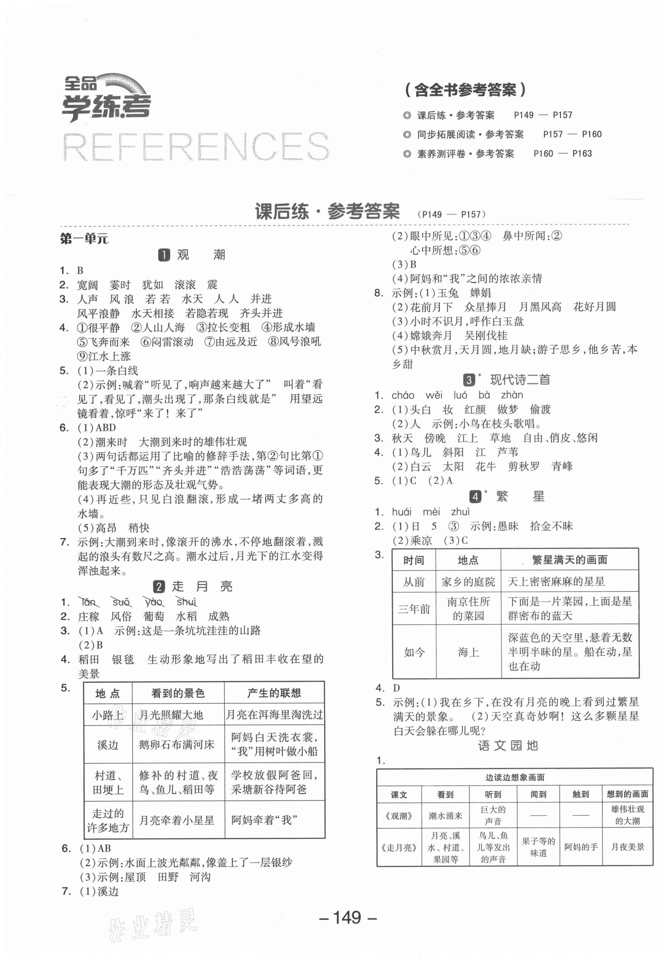 2021年全品学练考四年级语文上册人教版 参考答案第1页