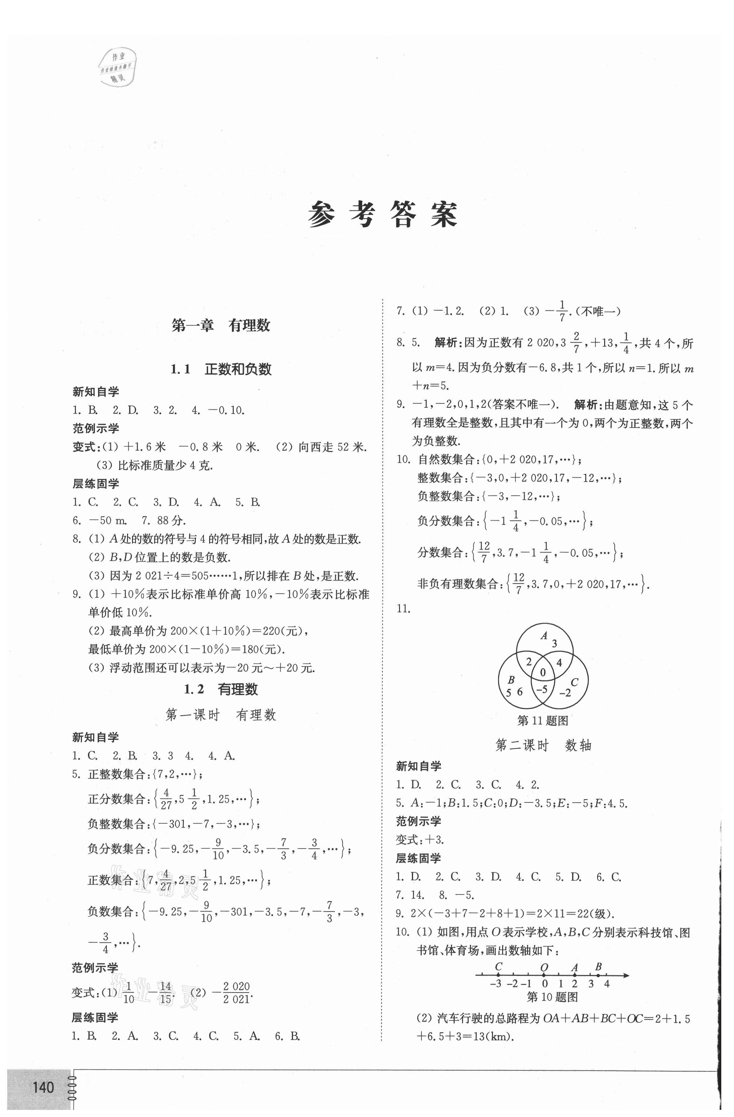 2021年初中同步練習(xí)冊(cè)七年級(jí)數(shù)學(xué)上冊(cè)人教版山東教育出版社 參考答案第1頁(yè)