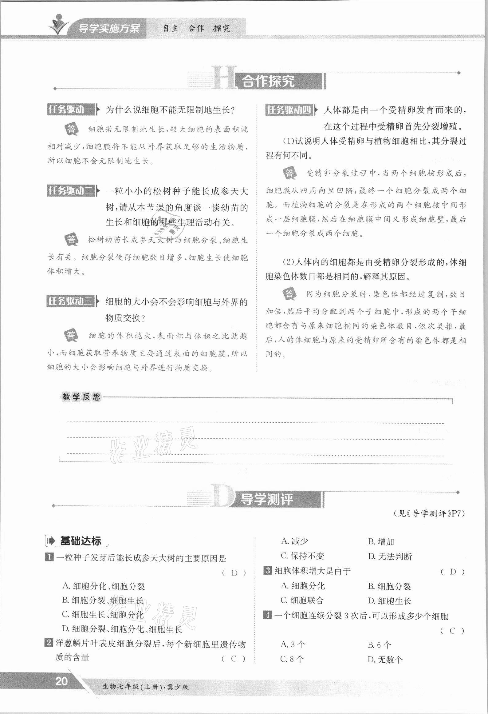 2021年金太阳导学案七年级生物上册冀少版 参考答案第20页