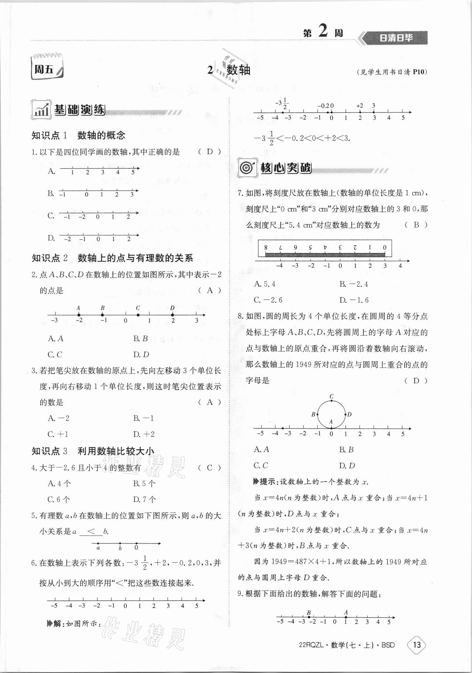 2021年日清周練七年級數(shù)學(xué)上冊北師大版 參考答案第13頁