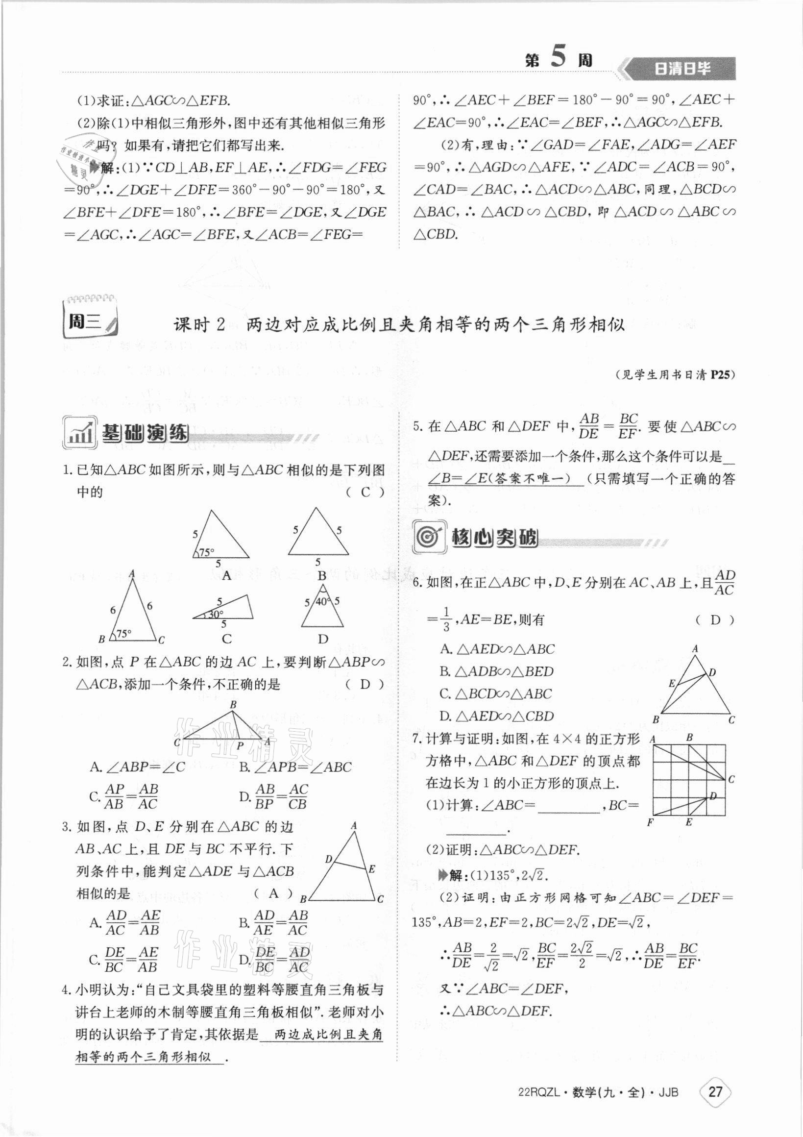 2021年日清周练九年级数学全一册冀教版 参考答案第27页