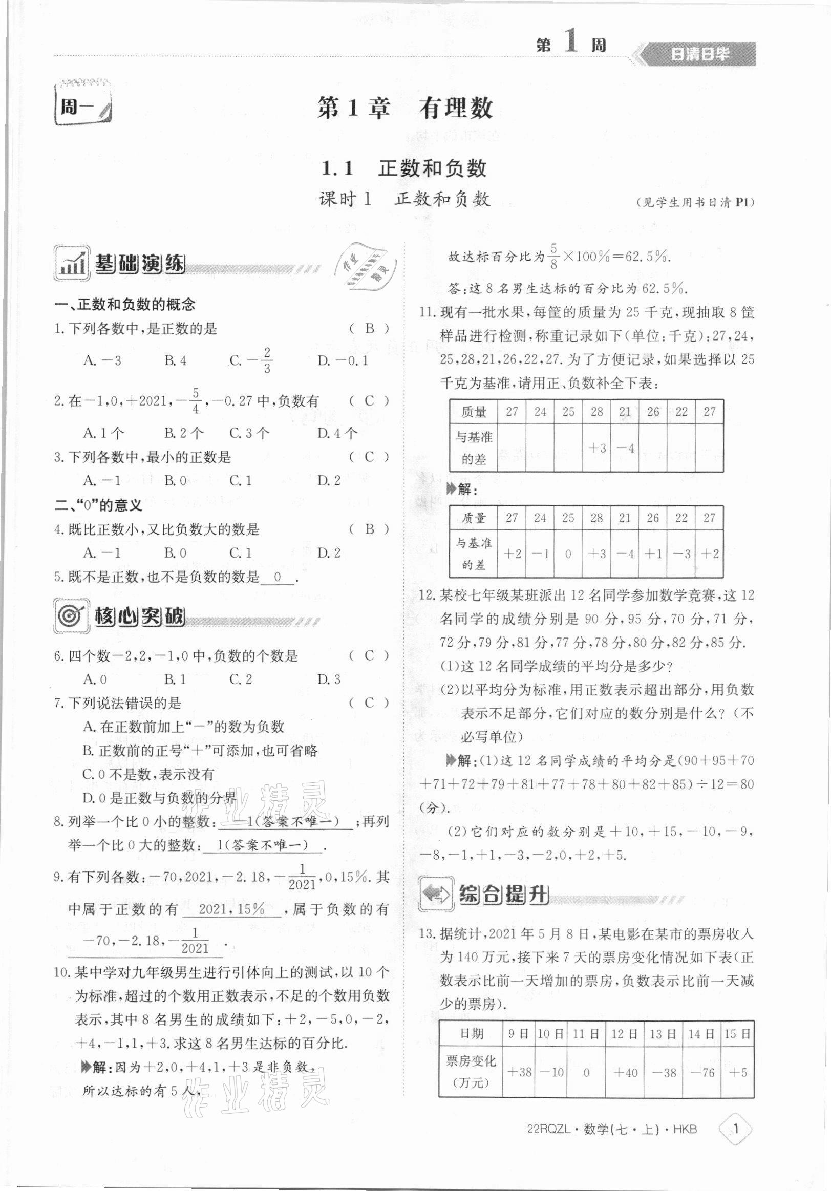 2021年日清周練七年級(jí)數(shù)學(xué)上冊滬科版 參考答案第1頁