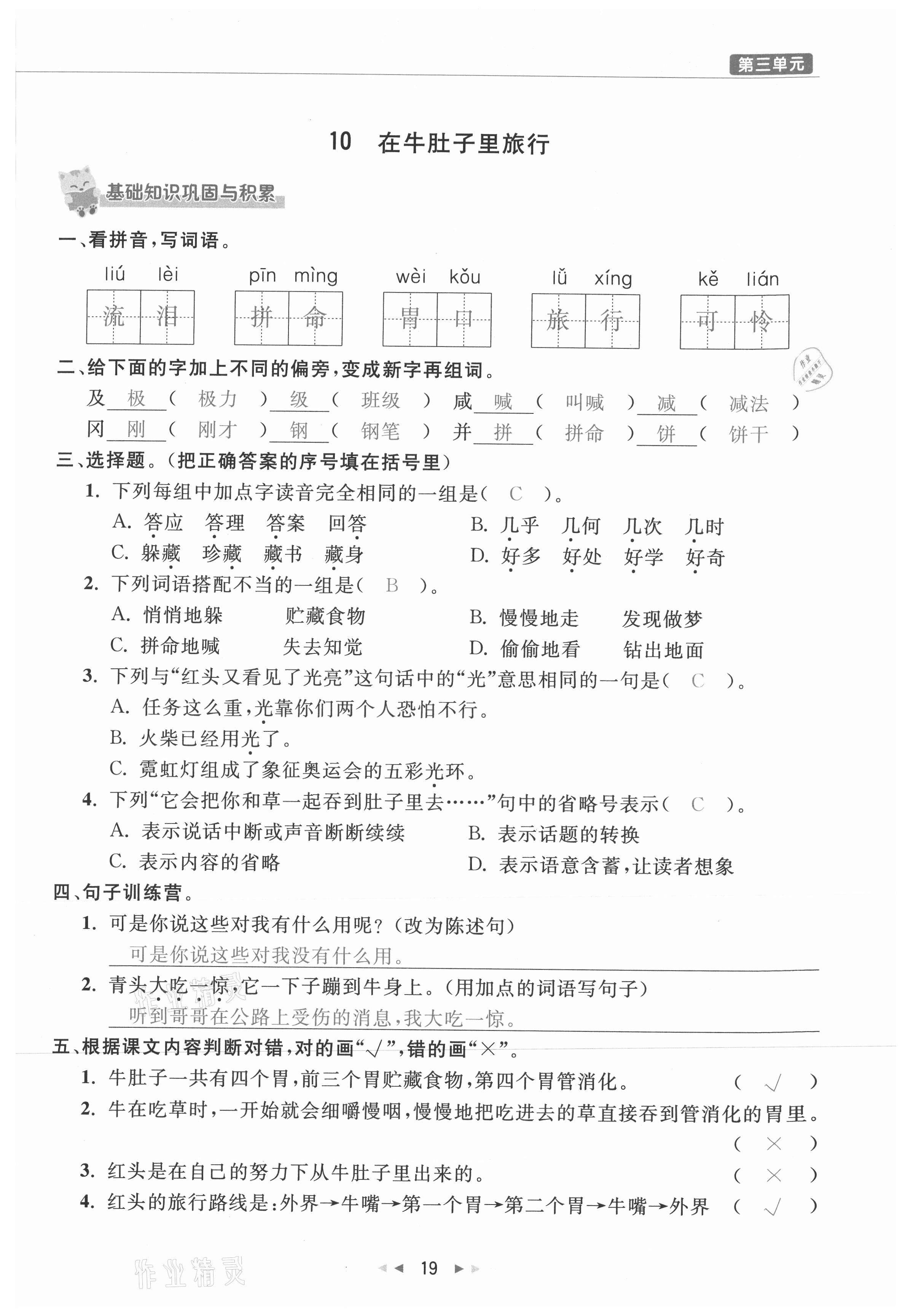 2021年小学学习好帮手三年级语文上册人教版 参考答案第19页