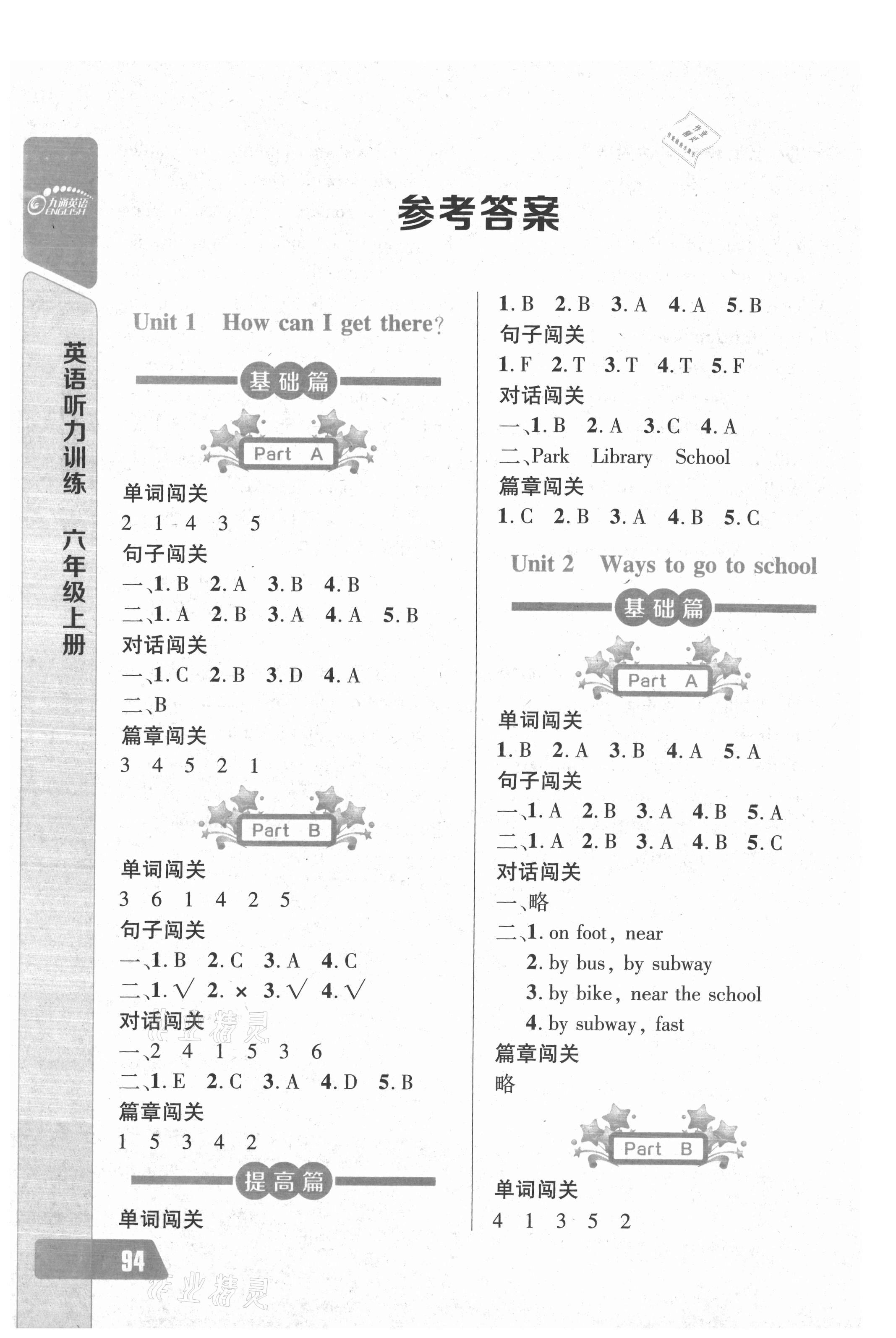 2021年长江全能学案英语听力训练六年级上册人教版 参考答案第1页