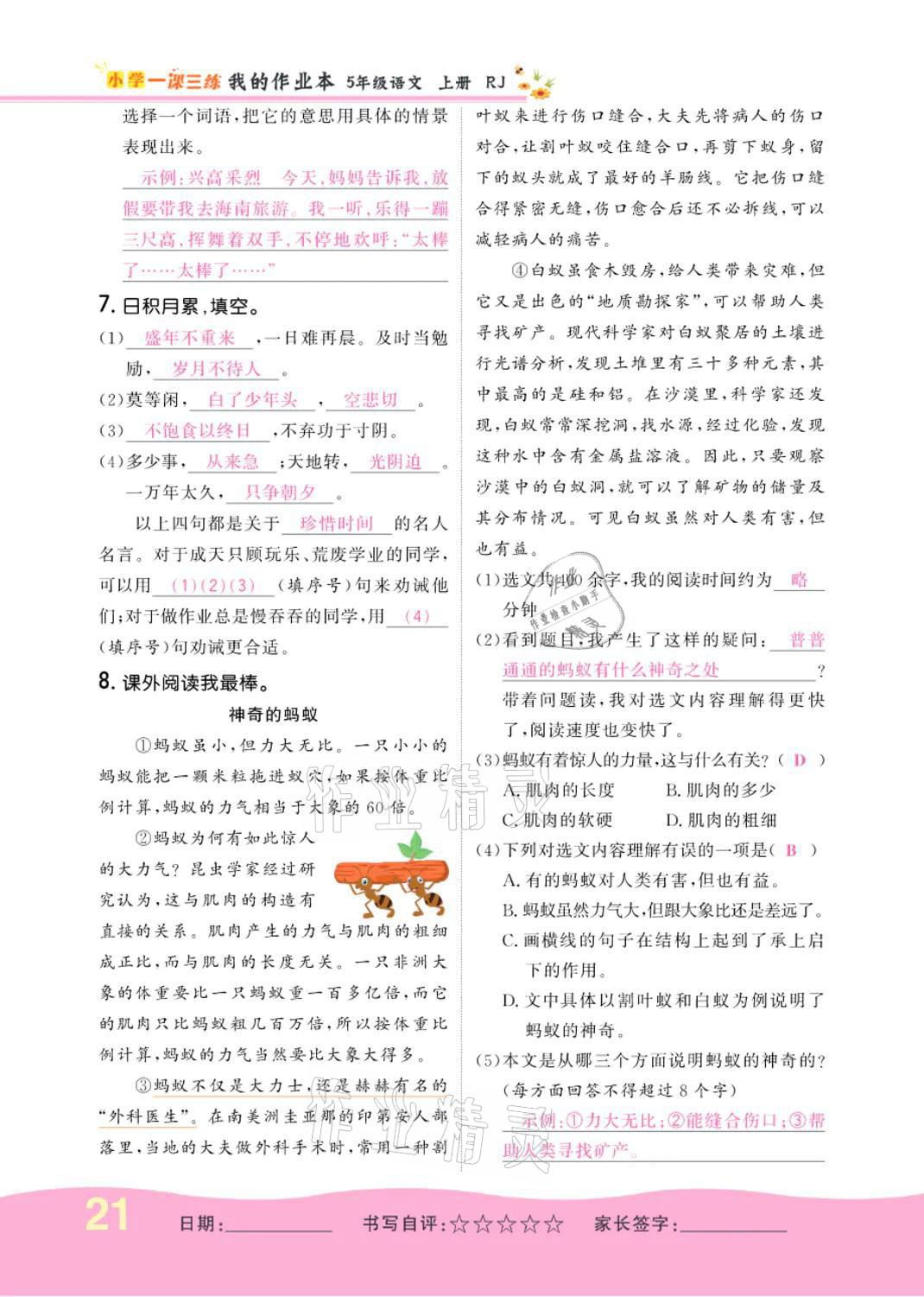 2021年小学一课三练我的作业本五年级语文上册人教版 参考答案第21页