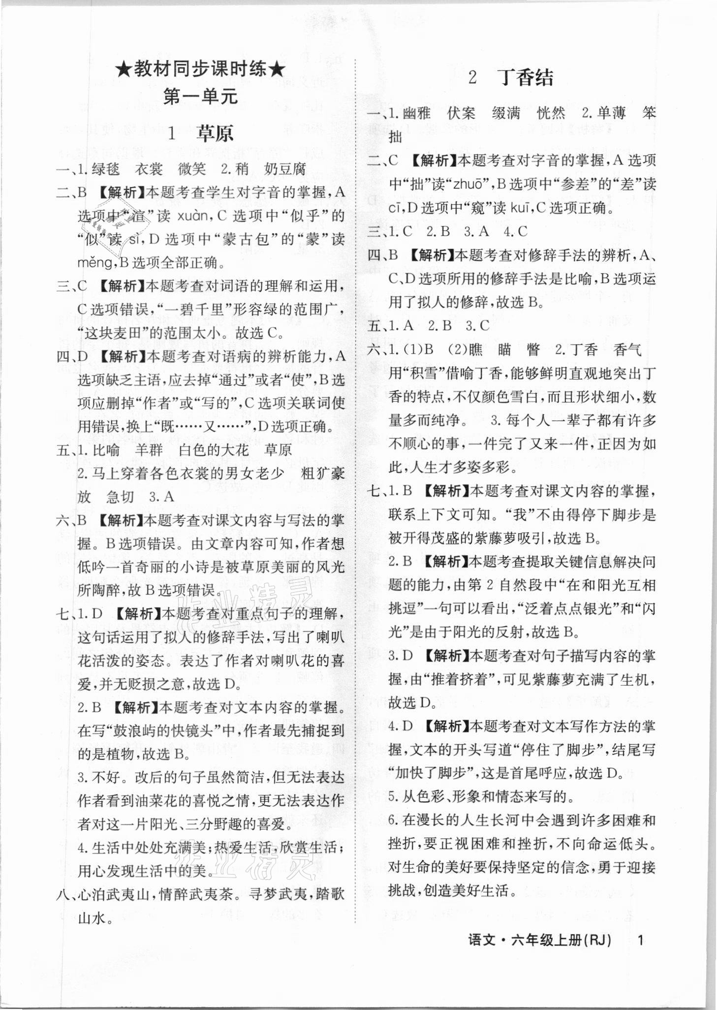 2021年梯田文化课堂内外六年级语文上册人教版福建专版 参考答案第1页