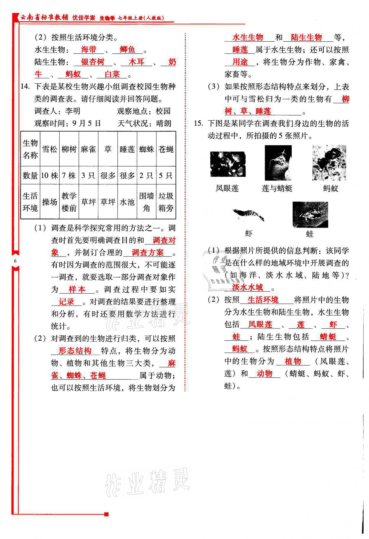 2021年云南省标准教辅优佳学案七年级生物上册人教版 参考答案第6页