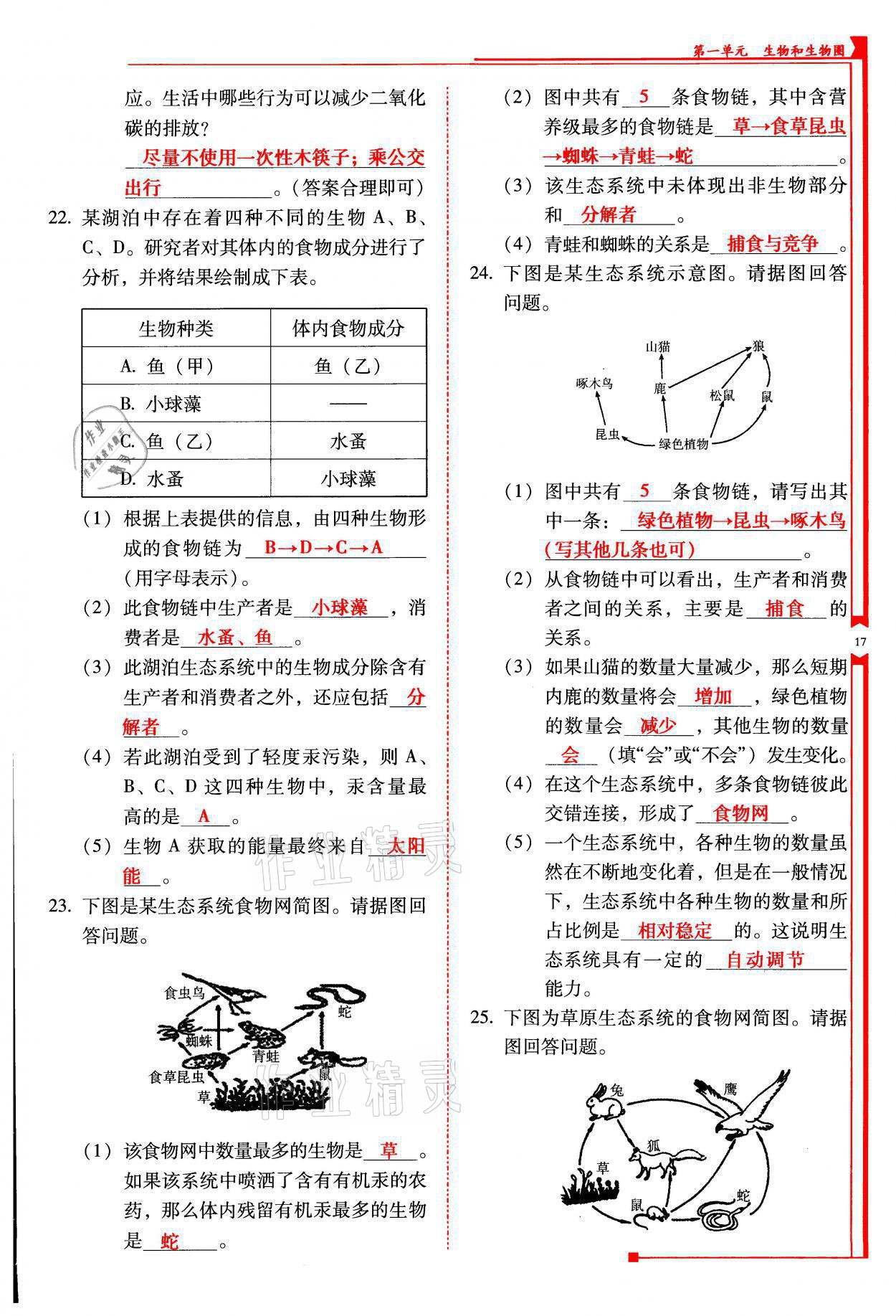 2021年云南省标准教辅优佳学案七年级生物上册人教版 参考答案第17页