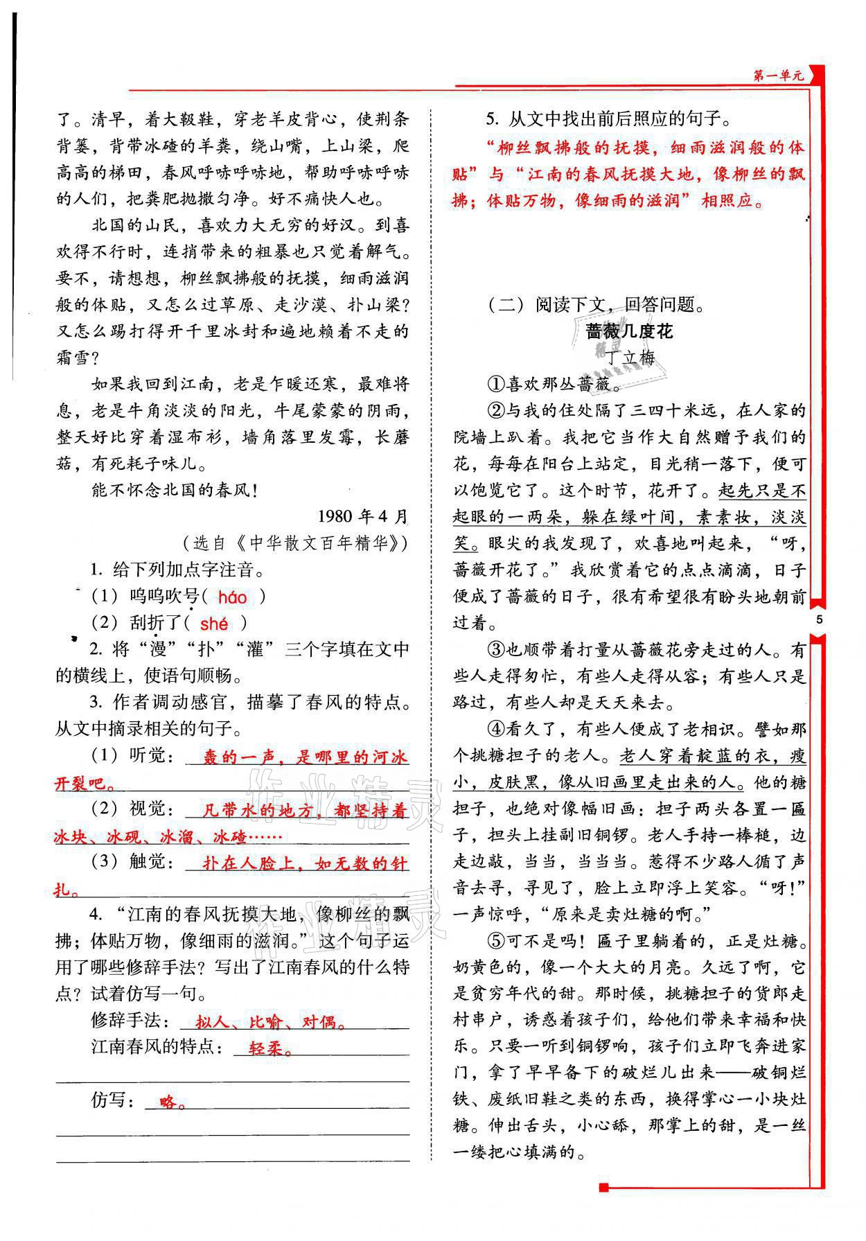 2021年云南省标准教辅优佳学案七年级语文上册人教版 参考答案第5页