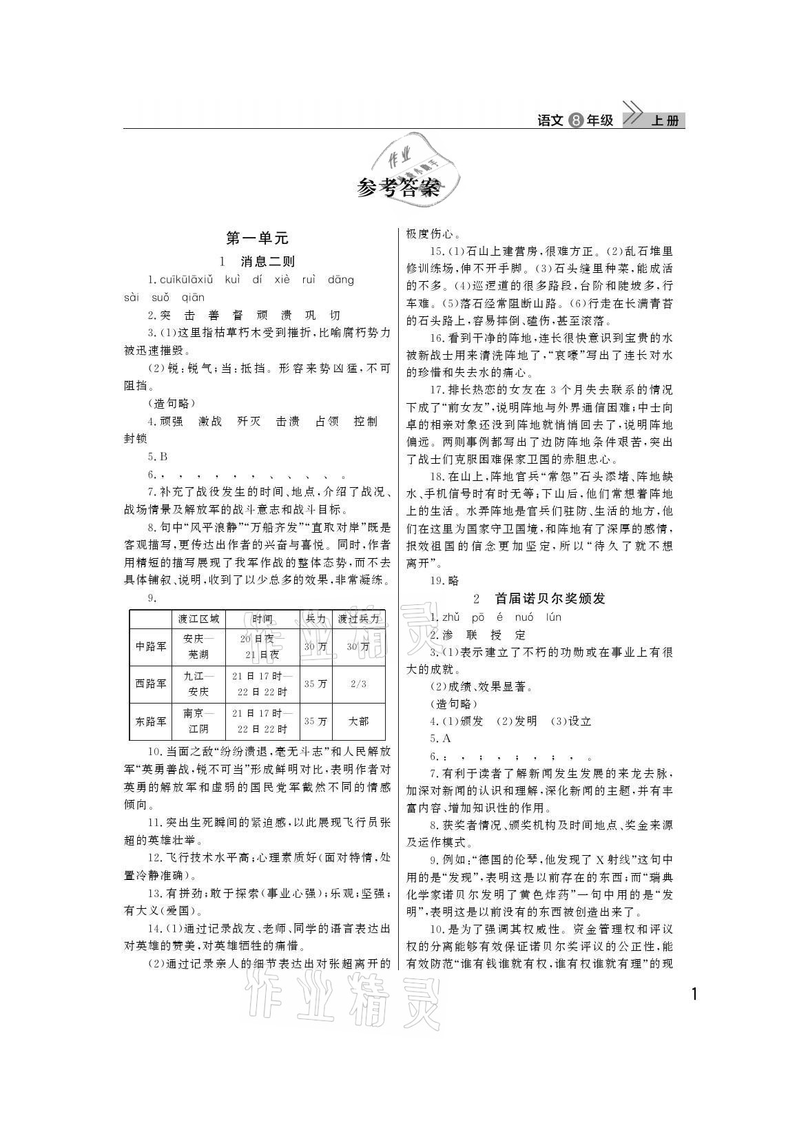 2021年课堂作业武汉出版社八年级语文上册人教版 参考答案第1页