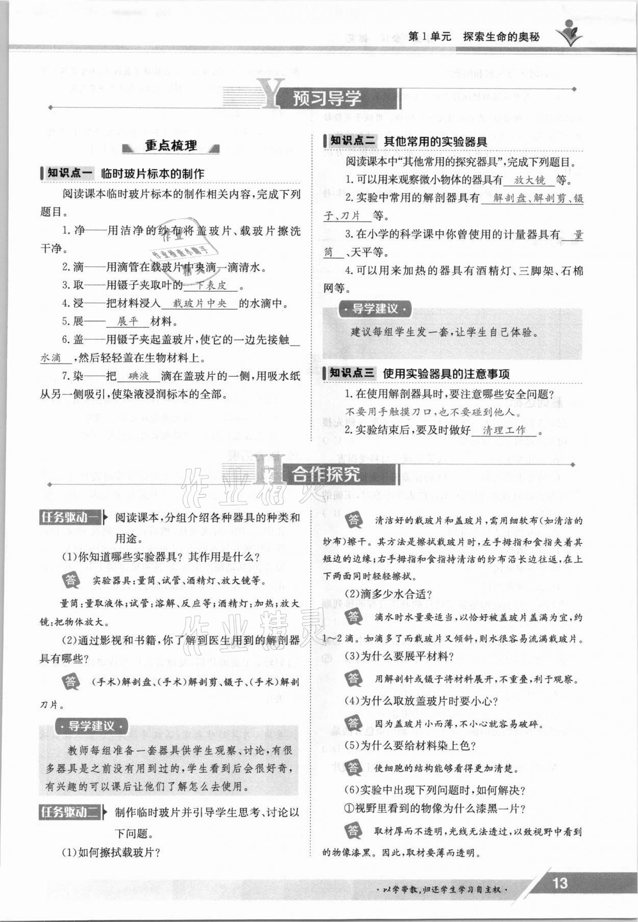 2021年金太阳导学案七年级生物上册苏教版 参考答案第13页