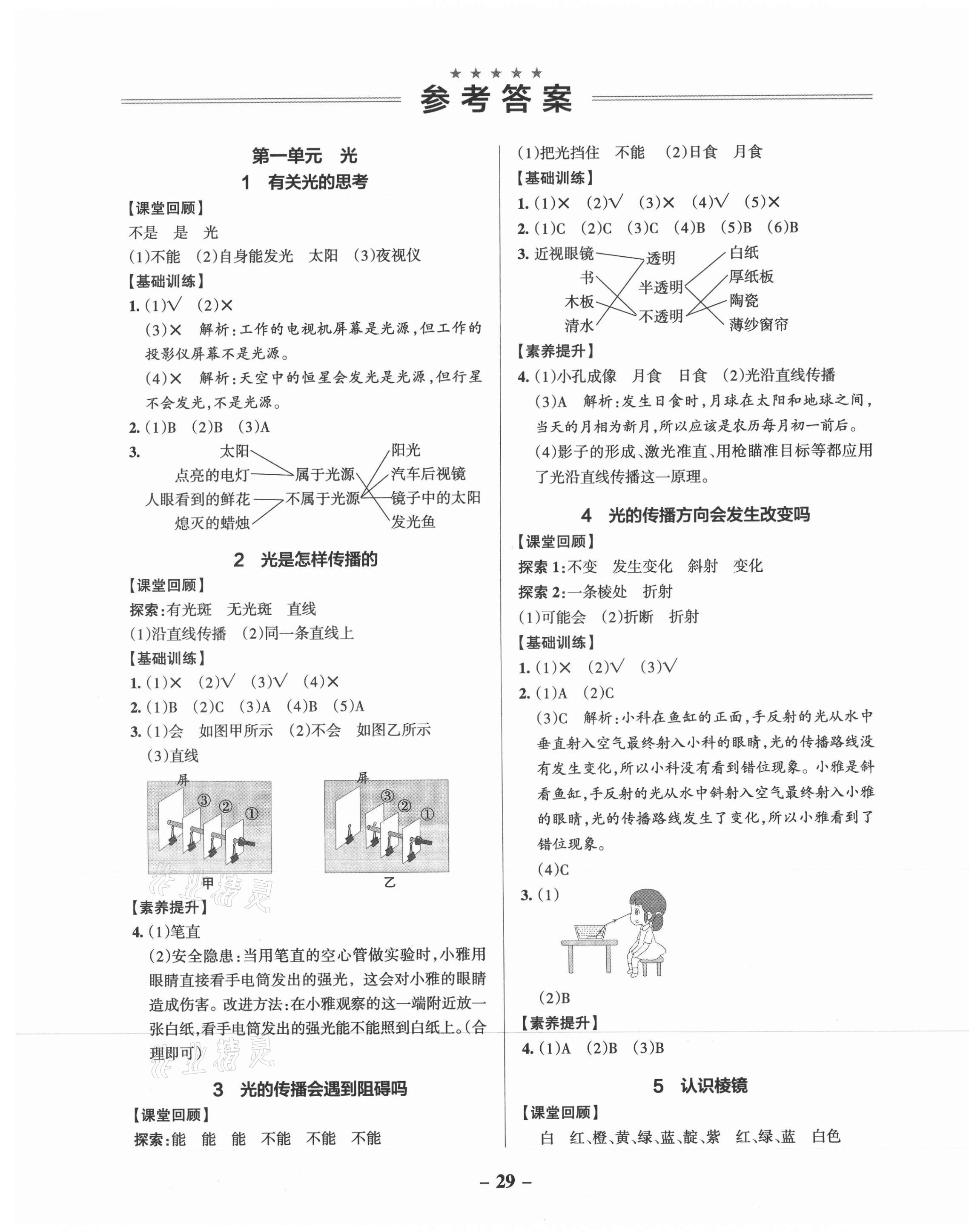 2021年小學(xué)學(xué)霸作業(yè)本五年級科學(xué)上冊教科版 參考答案第1頁