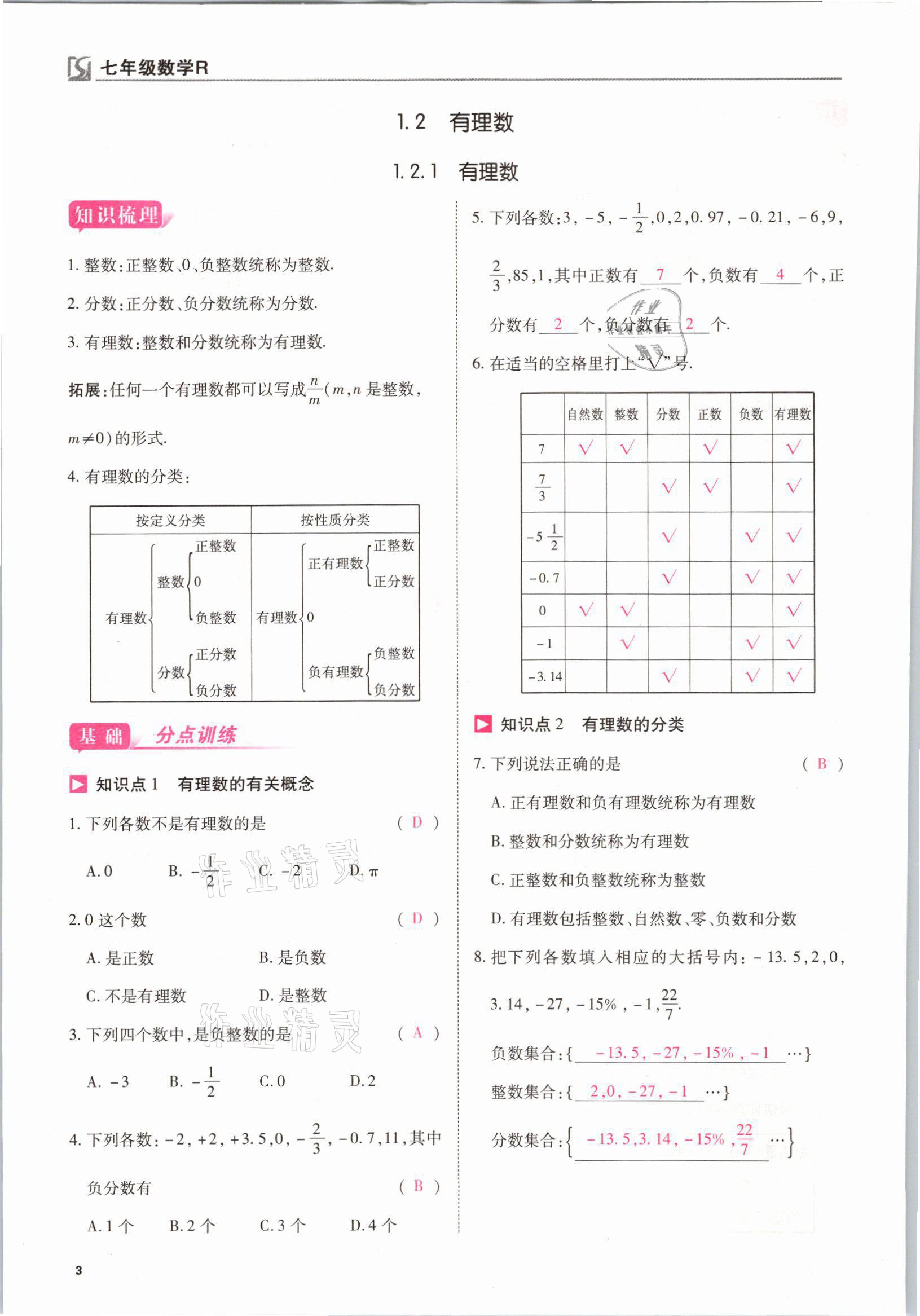 2021年我的作業(yè)七年級數(shù)學(xué)上冊人教版 參考答案第3頁