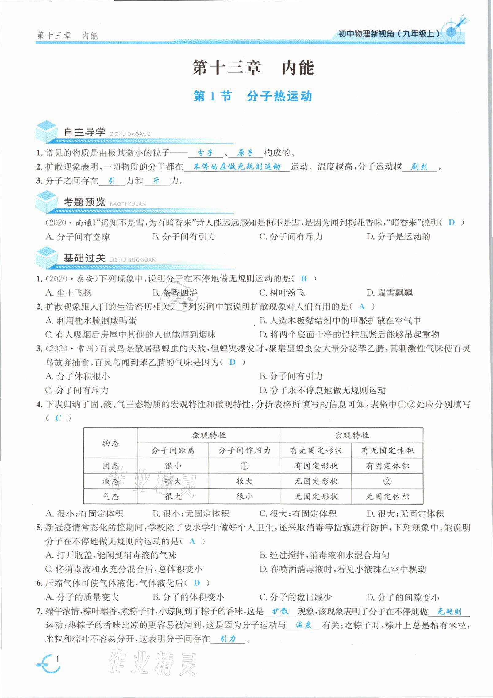 2021年新视角教辅系列丛书九年级物理上册人教版 参考答案第6页