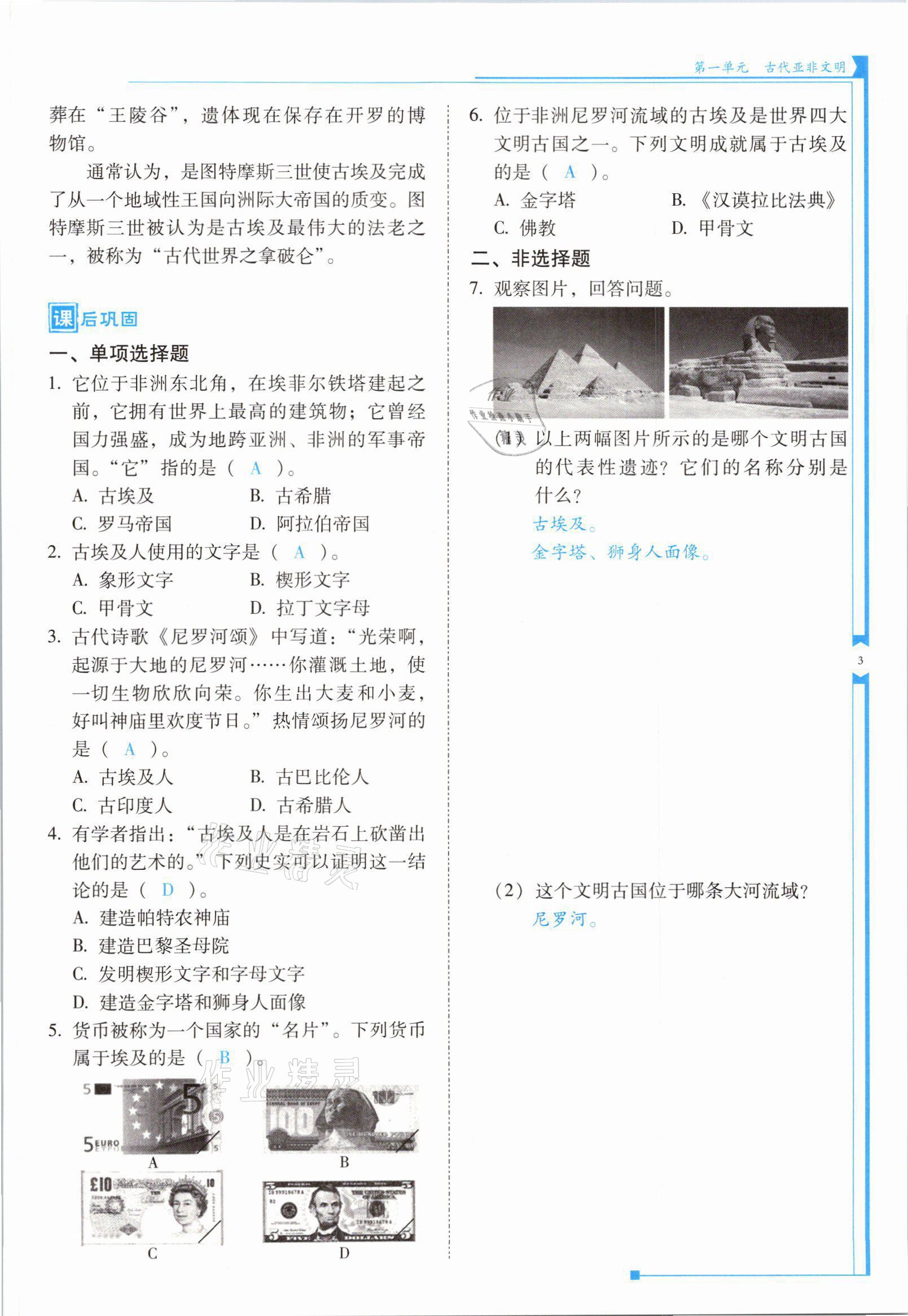 2021年云南省标准教辅优佳学案九年级历史上册人教版 参考答案第5页