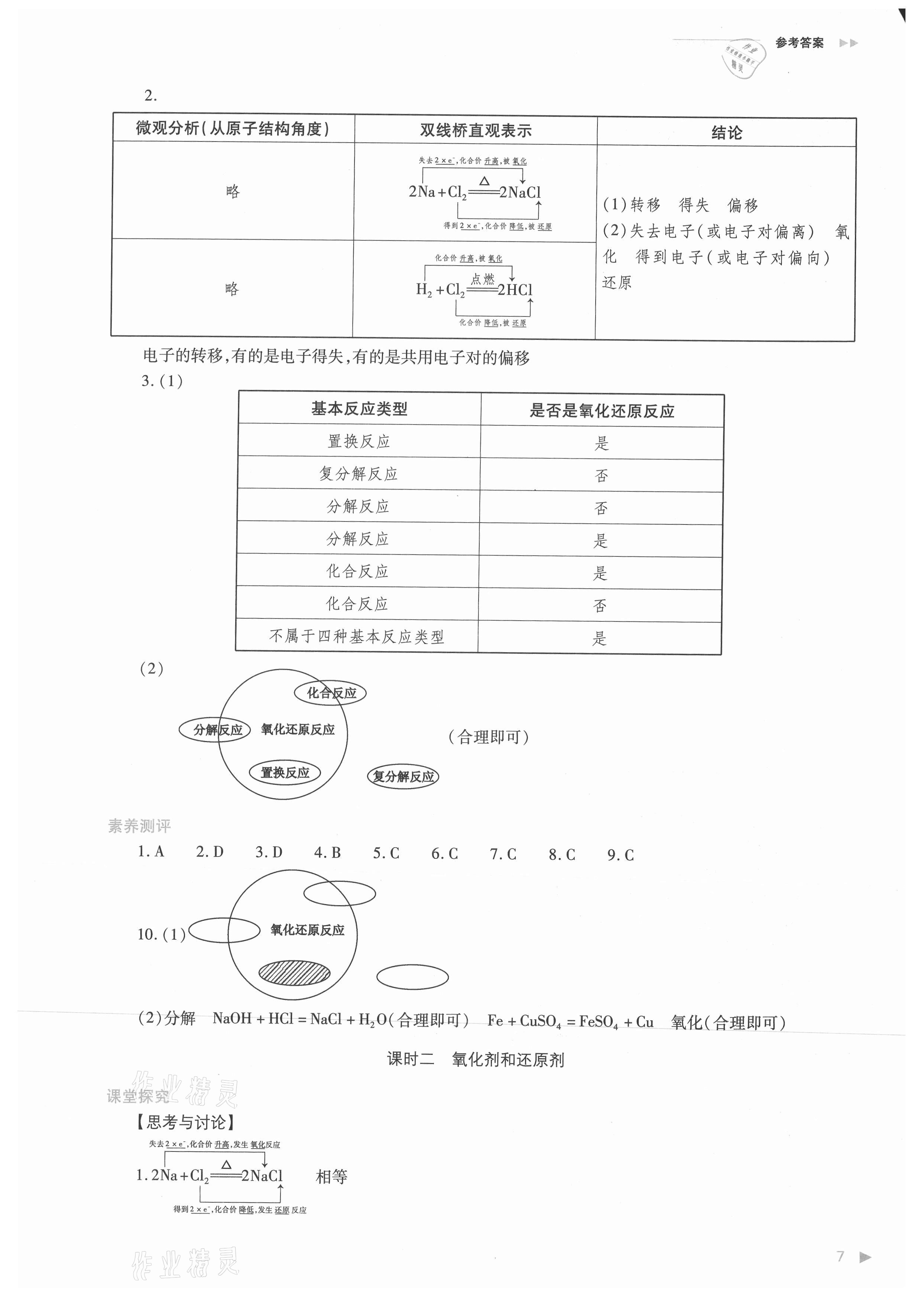 2021年普通高中新課程同步練習(xí)冊(cè)高中化學(xué)必修第一冊(cè)人教版 參考答案第7頁(yè)