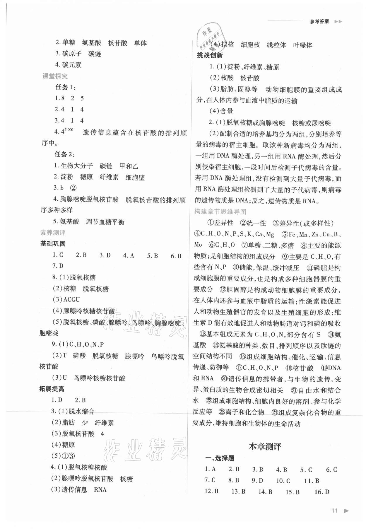 2021年普通高中新課程同步練習冊高中生物必修1分子與細胞人教版 參考答案第11頁