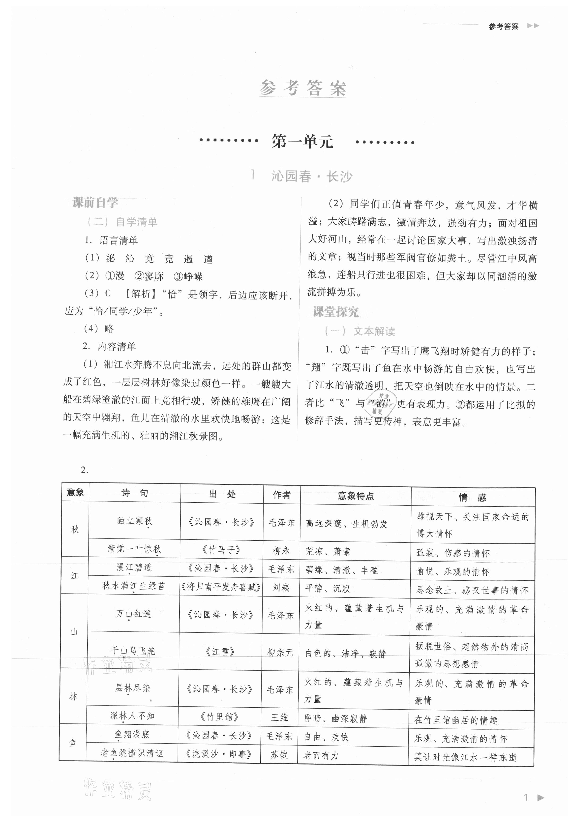 2021年普通高中新課程同步練習冊高中語文必修上冊人教版 參考答案第1頁