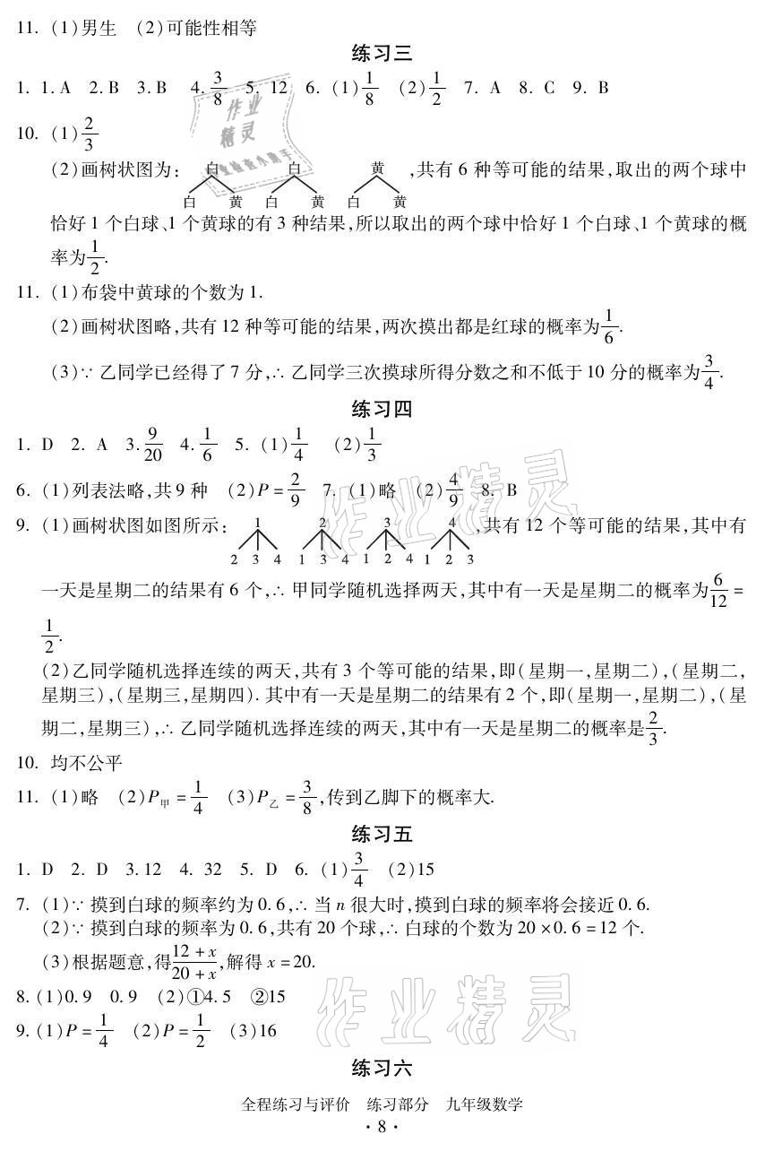 2021年全程練習(xí)與評價九年級數(shù)學(xué)全一冊浙教版 參考答案第8頁