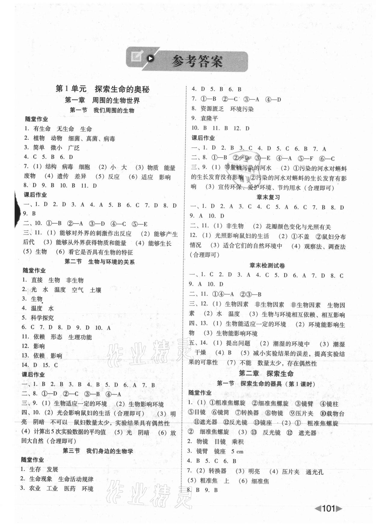 2021年勝券在握打好基礎(chǔ)金牌作業(yè)本七年級生物上冊蘇教版 參考答案第1頁