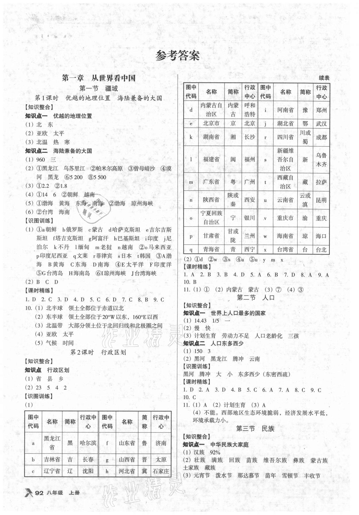 2021年全優(yōu)點練課計劃八年級地理上冊人教版 參考答案第1頁